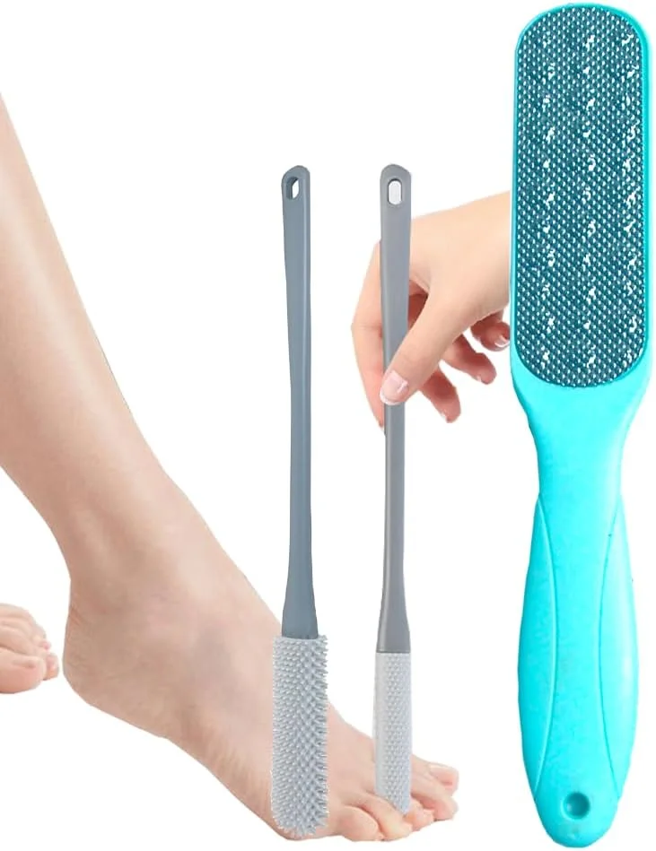 Wonjizdon 3-in-1 Silicone Shower Foot Scrubber with Long Handle - Dead Skin Removal for Feet, Anti-Itching Foot Cleaner Brush for Shower - Foot Brush for Elderly - Foot Scrubber Dead Skin Remover