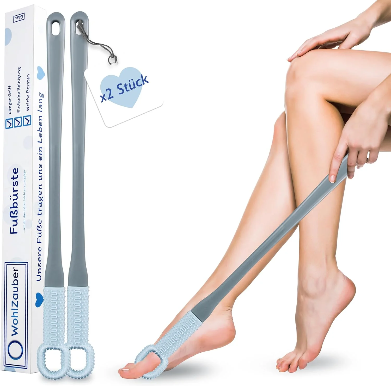 وولزاuber - بسته 2 عددی برس شستشوی سیلیکونی پا، تمیز کننده انگشتان پا برای دوش یا حمام، برس پا با دسته بلند، برای سالمندان یا زنان باردار، 40 سانتی متر، برس لایه بردار پا، اسکرابر پشت