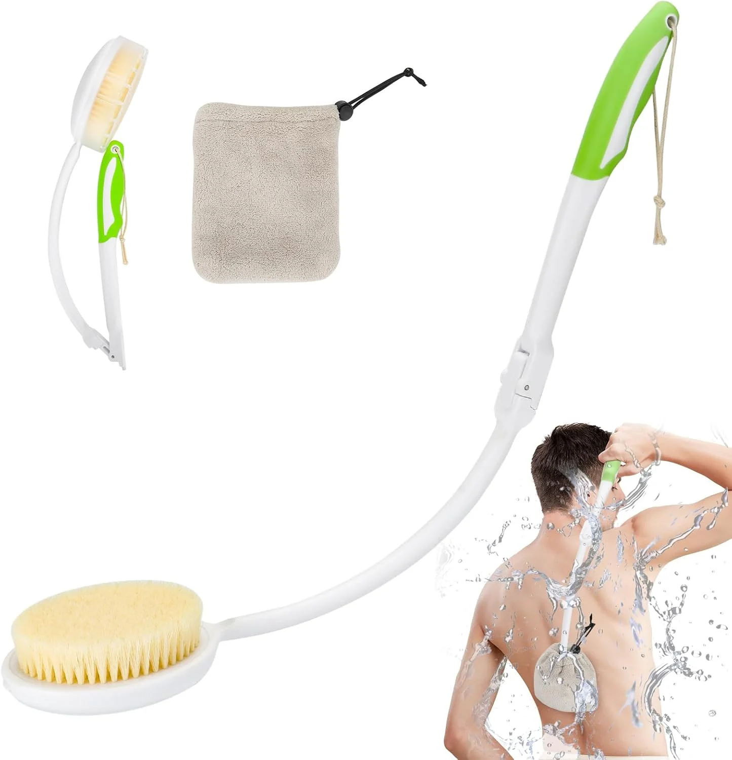 برس حمام دسته بلند Wjelet، برس پشت، موهای طبیعی، سر حوله ای، حداکثر خمش، شعاعی، دسترسی آسان، تاشو، ایده آل برای کل پشت