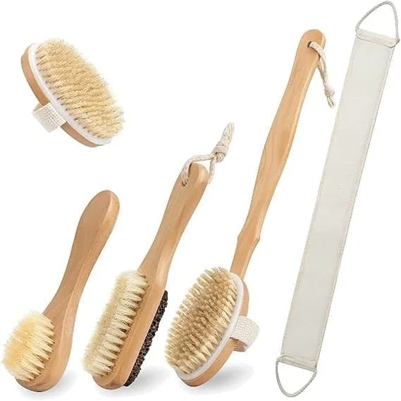 ست برس خشک شوی 5 تکه Zternal - ست برس حمام - ست برس بدن - ست برس لایه بردار پوست خشک - برس دسته بلند خشک شوی برای دوش - ست برس بدن طبیعی برای درمان سلولیت - برس مراقبت از پشت و پا