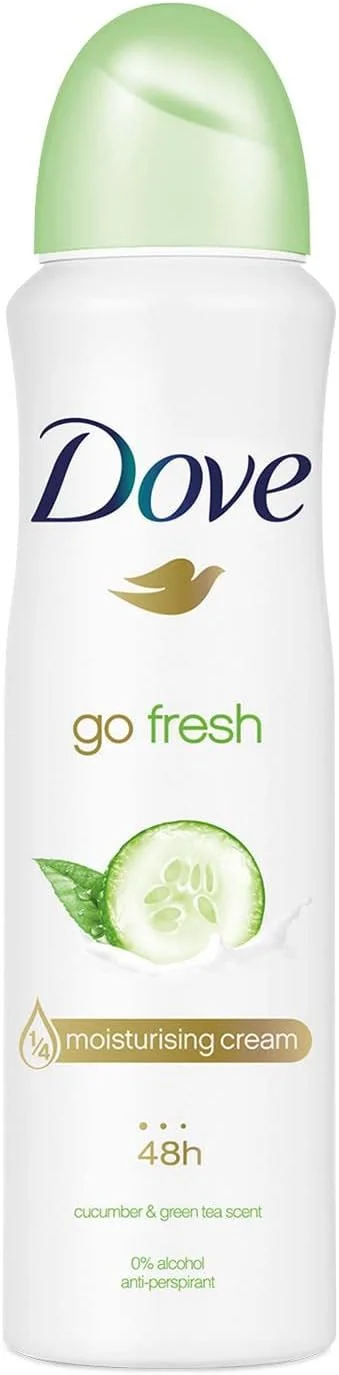 اسپری ضد تعریق زنانه داو Go Fresh خیار و چای سبز، محافظت طولانی مدت در برابر تعریق و بوی بدن برای رایحه ای تمیز و تازه (150 میلی لیتر)