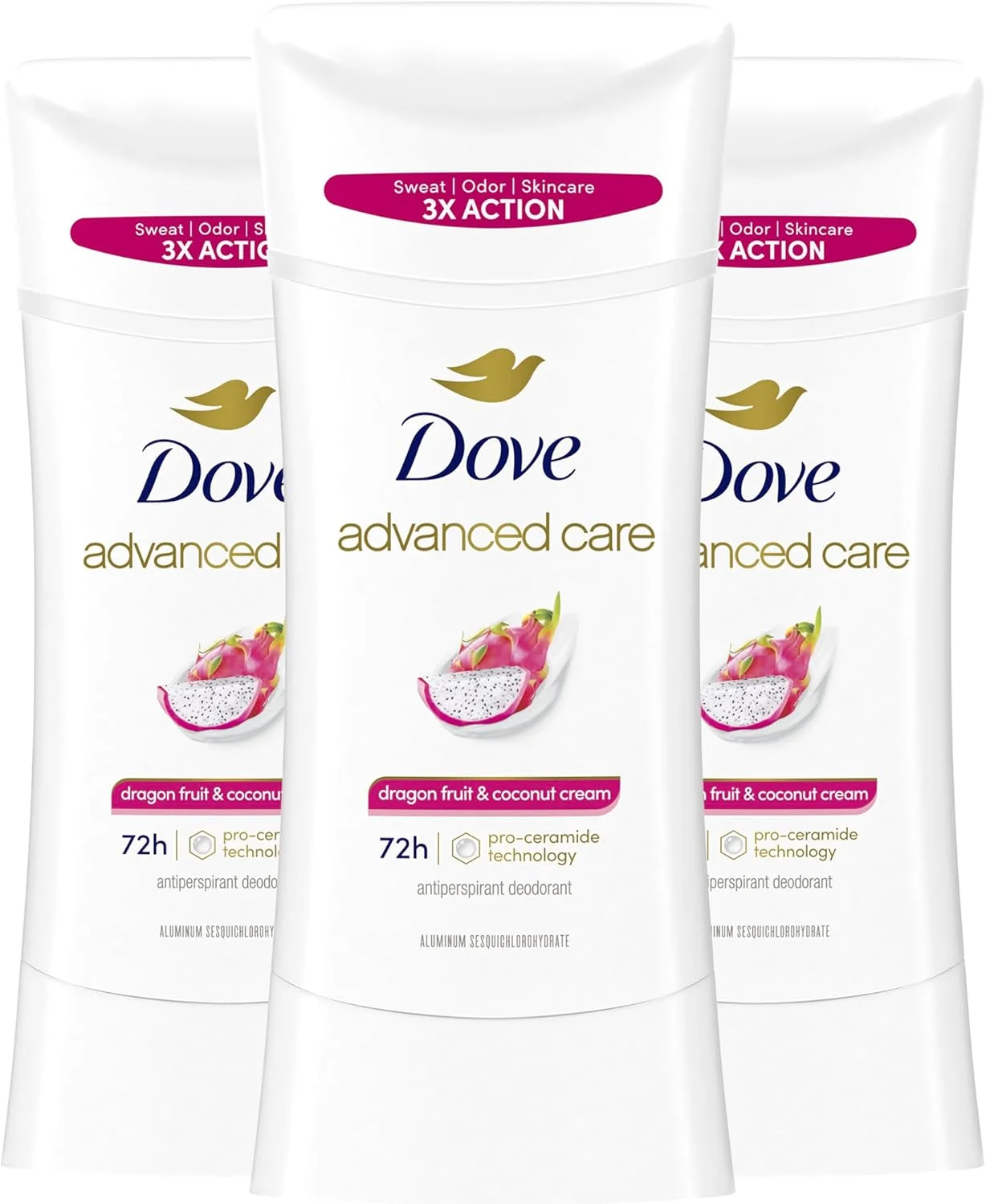 دئودورانت ضد تعریق زنانه داو Advanced Care با رایحه دراگون فروت و کرم نارگیل، بسته 3 عددی، محافظت 72 ساعته در برابر عرق و بو، 74 گرم