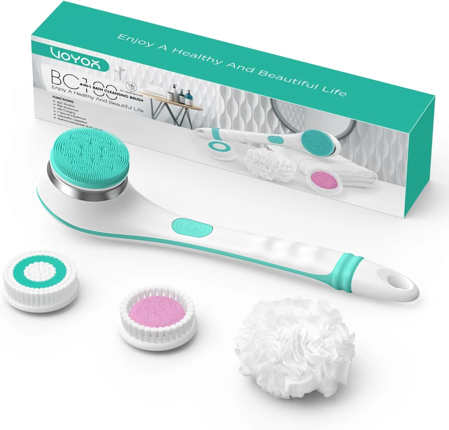 برس برقی بدن VOYOR، برس اسکرابر پشت بدن، لایه بردار بدن، برس دوش با دسته بلند، شارژ USB قابل شارژ، ست پاک کننده عمیق، اسکرابر لایه بردار، برس حمام سیلیکونی نرم ضد آب BC100 (آبی)