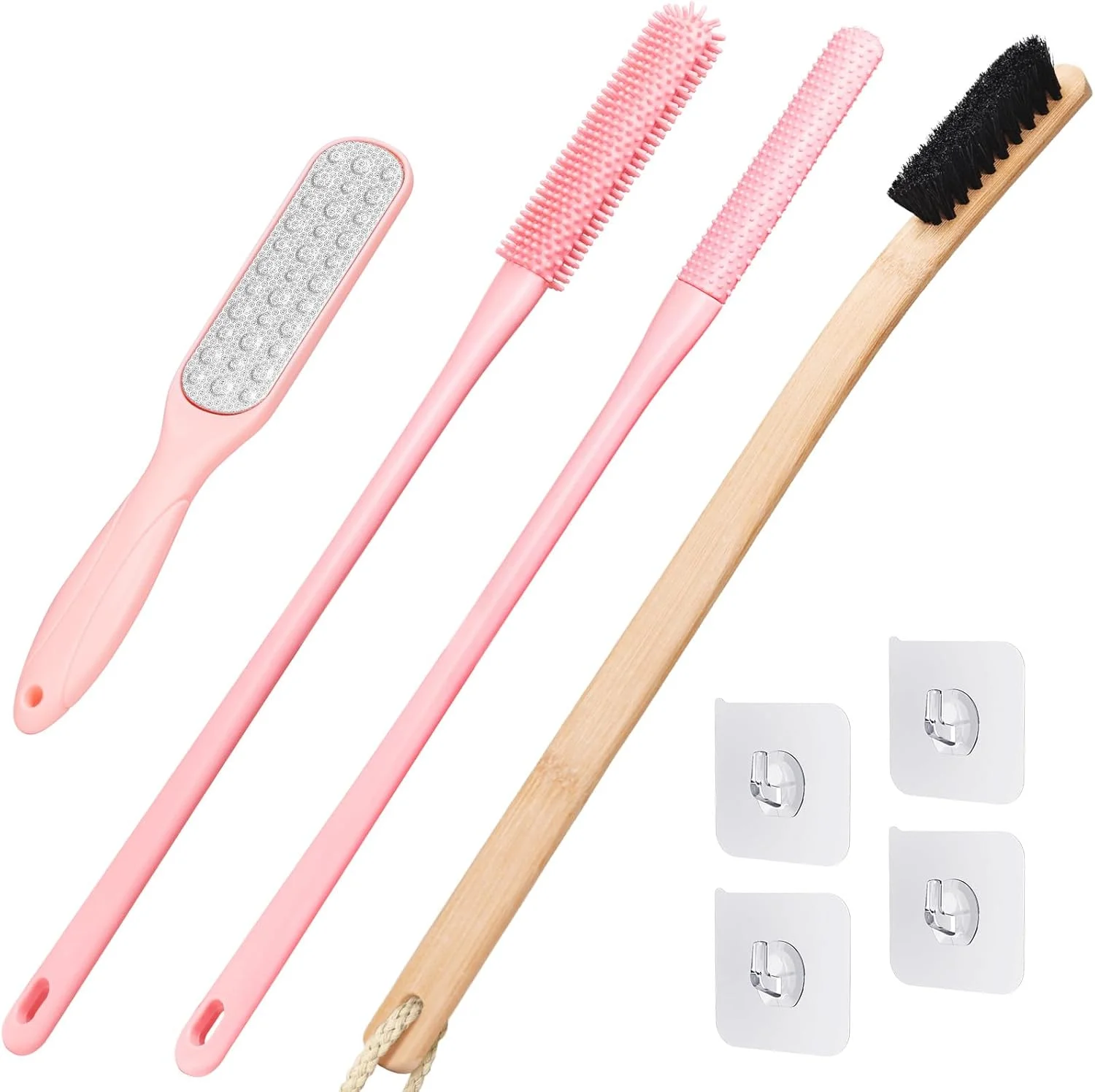 مجموعه برس تمیز کننده انگشت پا Vafada، برس اسکرابر انگشت پا با دسته بلند مناسب حمام برای سالمندان، مردان و زنان (صورتی) - بسته 4 عددی