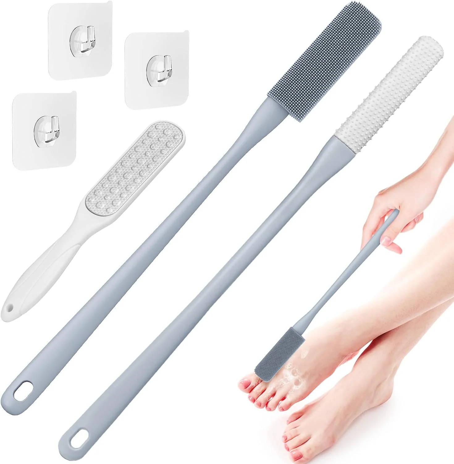 ویفادا بسته 3 عددی برس تمیز کننده انگشتان پا، برس نرم اسکرابر پا دسته بلند حمام دوش برس مرطوب و خشک مناسب برای سالمندان، مردان و زنان (خاکستری)