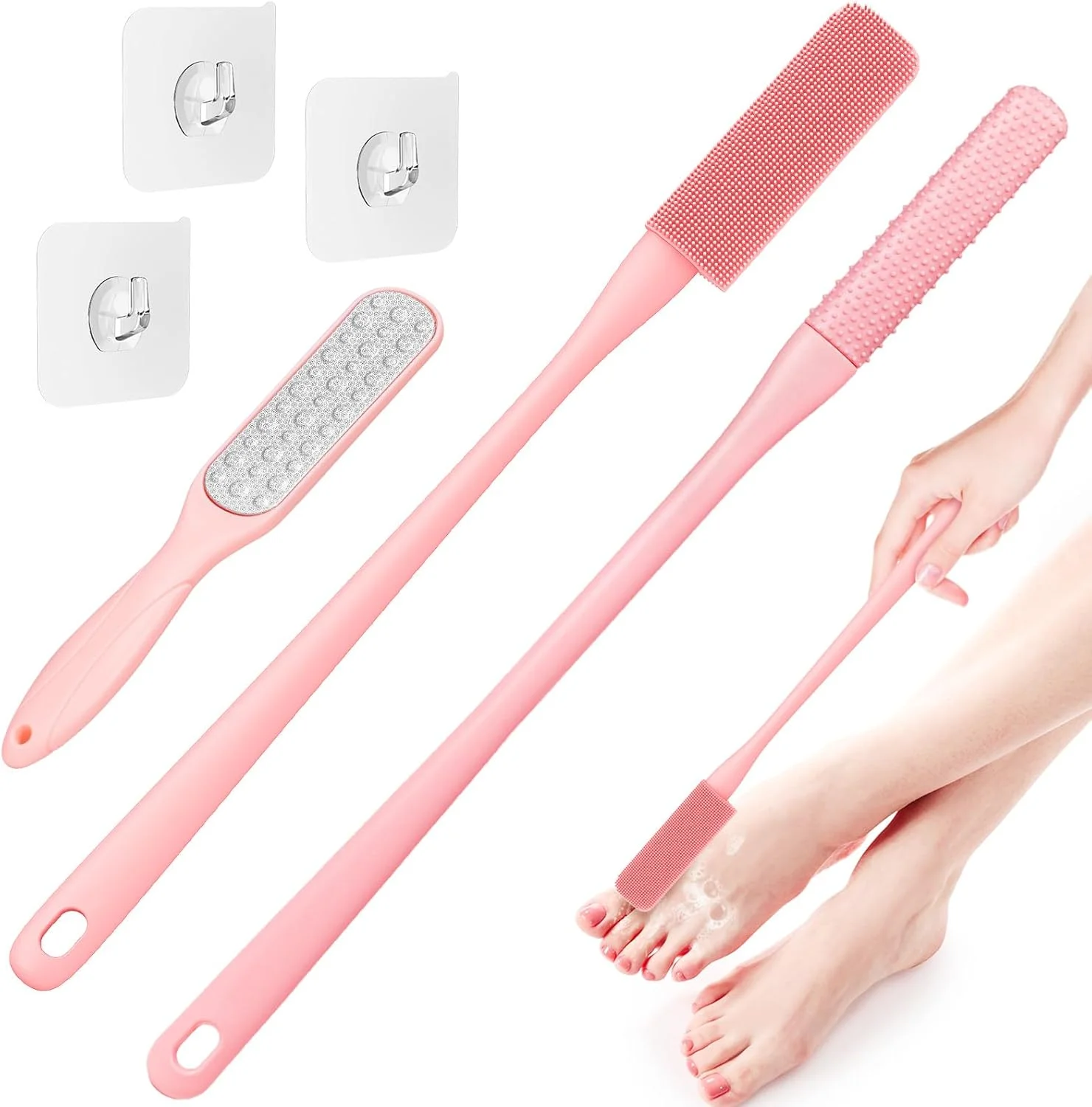 ویفادا بسته 3 عددی برس تمیز کننده انگشتان پا، برس نرم اسکرابر پا دسته بلند حمام دوش برس حمام استفاده مرطوب و خشک برای سالمندان، افراد مسن، مردان و زنان (صورتی)