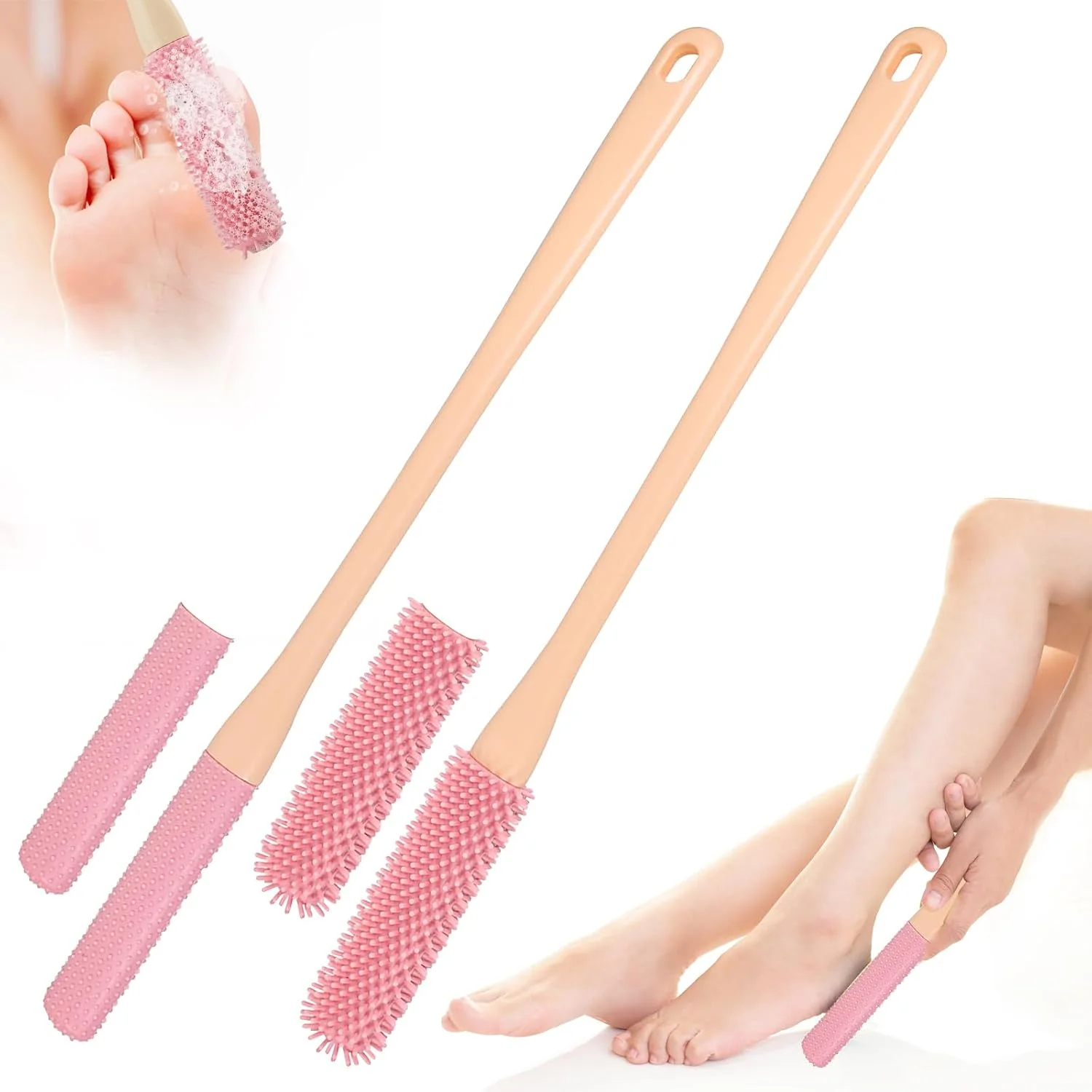 برس تمیز کننده انگشتان پا 2 عددی، اسکرابر سیلیکونی 40 سانتی متری پا با دسته بلند، برس حمام لایه بردار برای مراقبت از پا، موهای نرم، ایده آل برای سالمندان، مردان و زنان (صورتی)