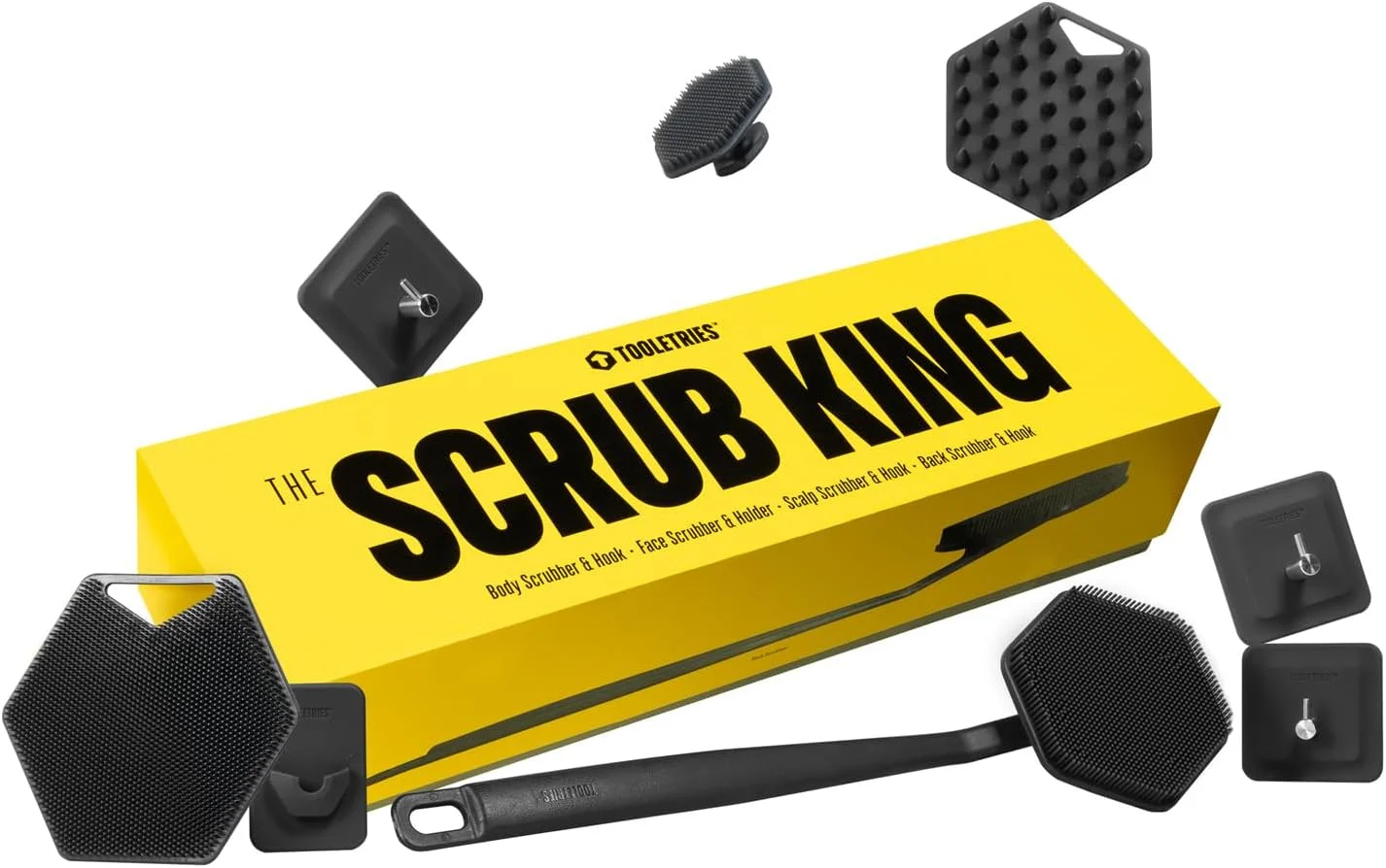 Tooletries - The Scrub King - ست اسکرابر سیلیکونی مردانه - شامل اسکرابرهای پشت و بدن، برس صورت، ماساژور پوست سر، 3 قلاب آویز و نگهدارنده - لوازم جانبی بهداشت حمام
