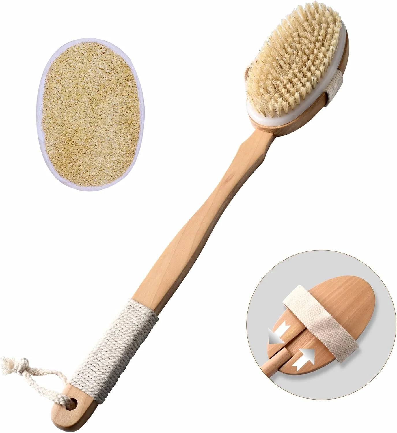 برس حمام چوبی جداشدنی با دسته بلند - موهای طبیعی برای لایه برداری برس خشک و مرطوب 2 در 1، تحریک جریان خون - اسکرابر بدن برای پوست صاف و کاهش انواع پوست (حمام)