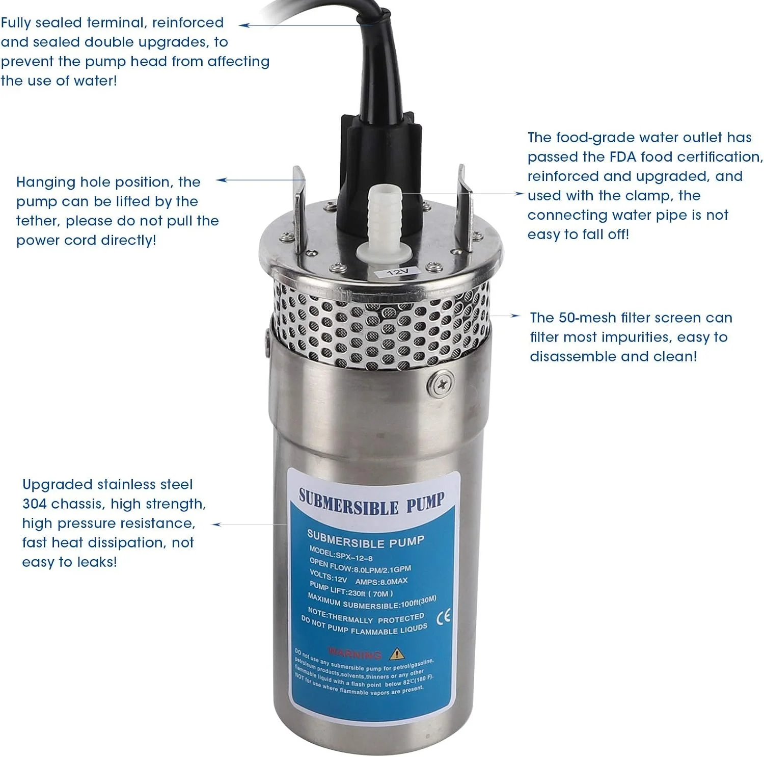 پمپ شناور خورشیدی Brilluxa، پمپ آب چاه عمیق، پمپ آبیاری خورشیدی دام، سازگار با مخازن مزرعه، RV، قایق تفریحی، کشتی، پمپ شناور چاه عمیق 12 ولت DC با ارتفاع 70 متر