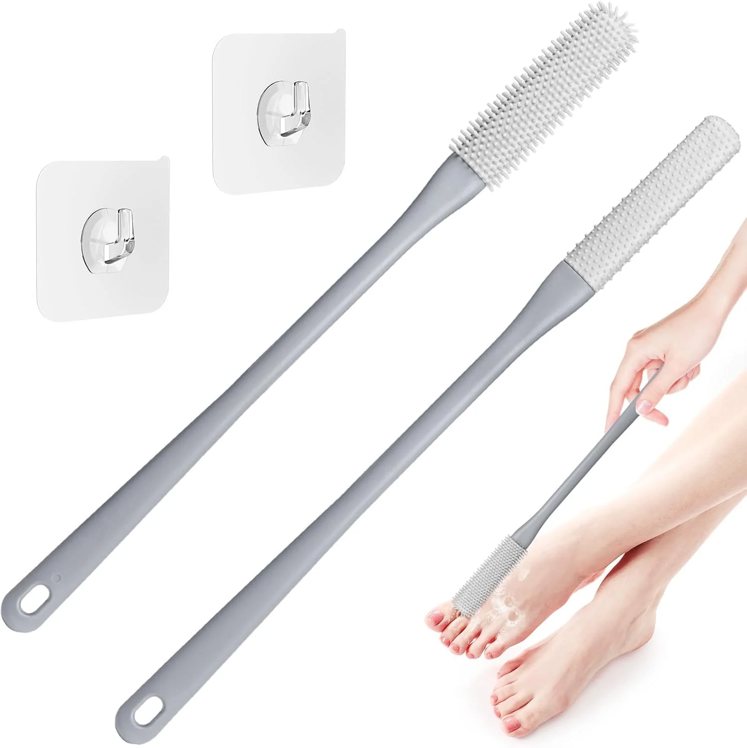 برس تمیز کننده انگشتان پا TERRIFI، اسکرابر سیلیکونی پا با دسته بلند 40 سانتی متری، برس حمام نرم برای تمیز کردن پا، ایده آل برای سالمندان، مردان و زنان، اسکراب دوش مراقبت از پا (خاکستری)