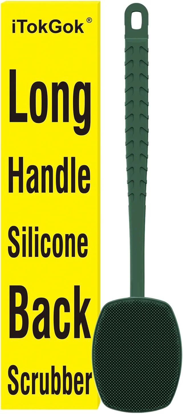 برس اسکرابر سیلیکونی پشت iTokGoK® با دسته بلند ضد لغزش برای دوش، لایه بردار ملایم و اسکرابر برس ماساژ برای پوست های حساس، با دوام برای مردان و زنان (سبز نیمه شب)