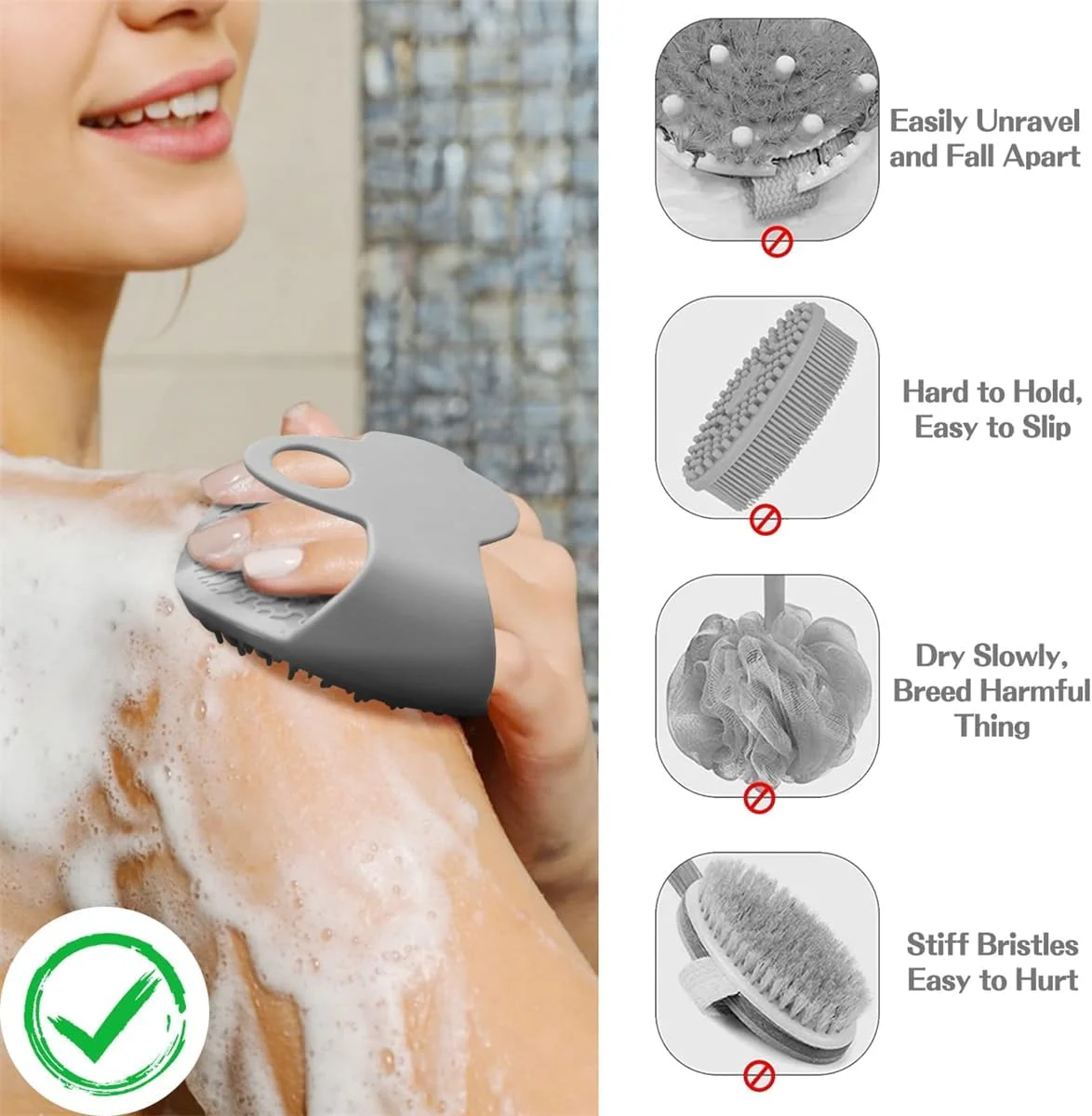 لیف بدن سیلیکونی TERRIFI، برس حمام لایه بردار چند منظوره برای استفاده در حمام، دسته ارگونومیک ضد لغزش و فوم آسان تر محصول