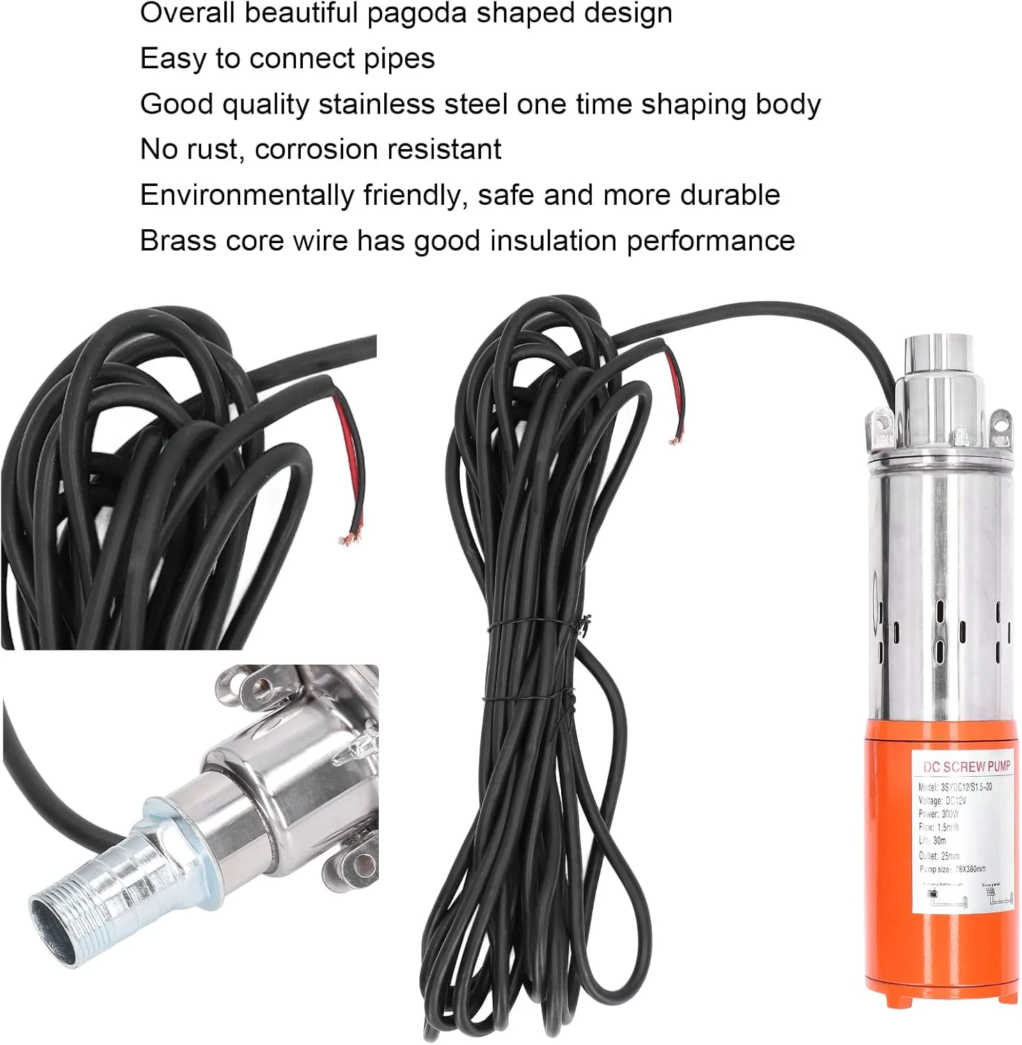 پمپ اسکرو DC بریلوکسا - پمپ آب خورشیدی شناور چاه عمیق - پمپ آبیاری کشاورزی فشار قوی - 12 ولت، سیستم گردش آب خورشیدی با ارتفاع 30 متر