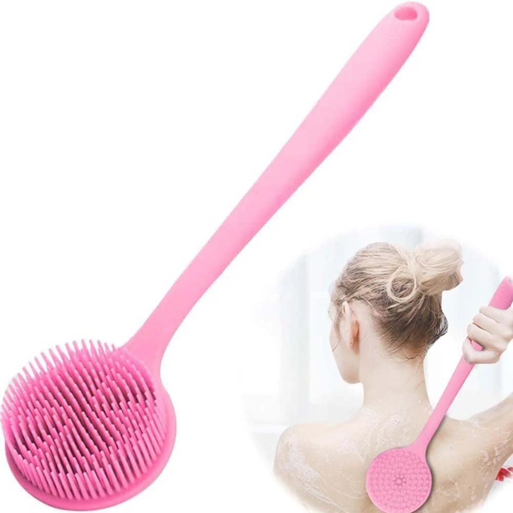 SYOSI Bath Body Brush, Silicone Long Handle Bath Shower Brush Double-sided Back Scrubber No Plastic Smell Back BPA-Free Exfoliating Pad Exfoliator Cellulite Massager Skin Care for Women Men (Pink)