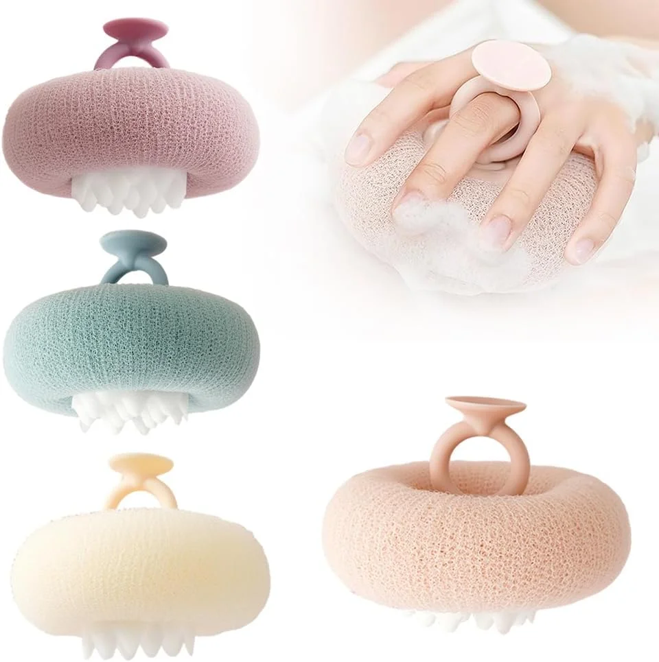 توپ حمام آفتابگردان فوق العاده نرم جدید 2025، توپ حمام آفتابگردان 2 در 1 اسفنج حمام لایه بردار برس تمیز کننده، توپ دوش پوف اسفنجی توری برای زنان و مردان (4 عدد)
