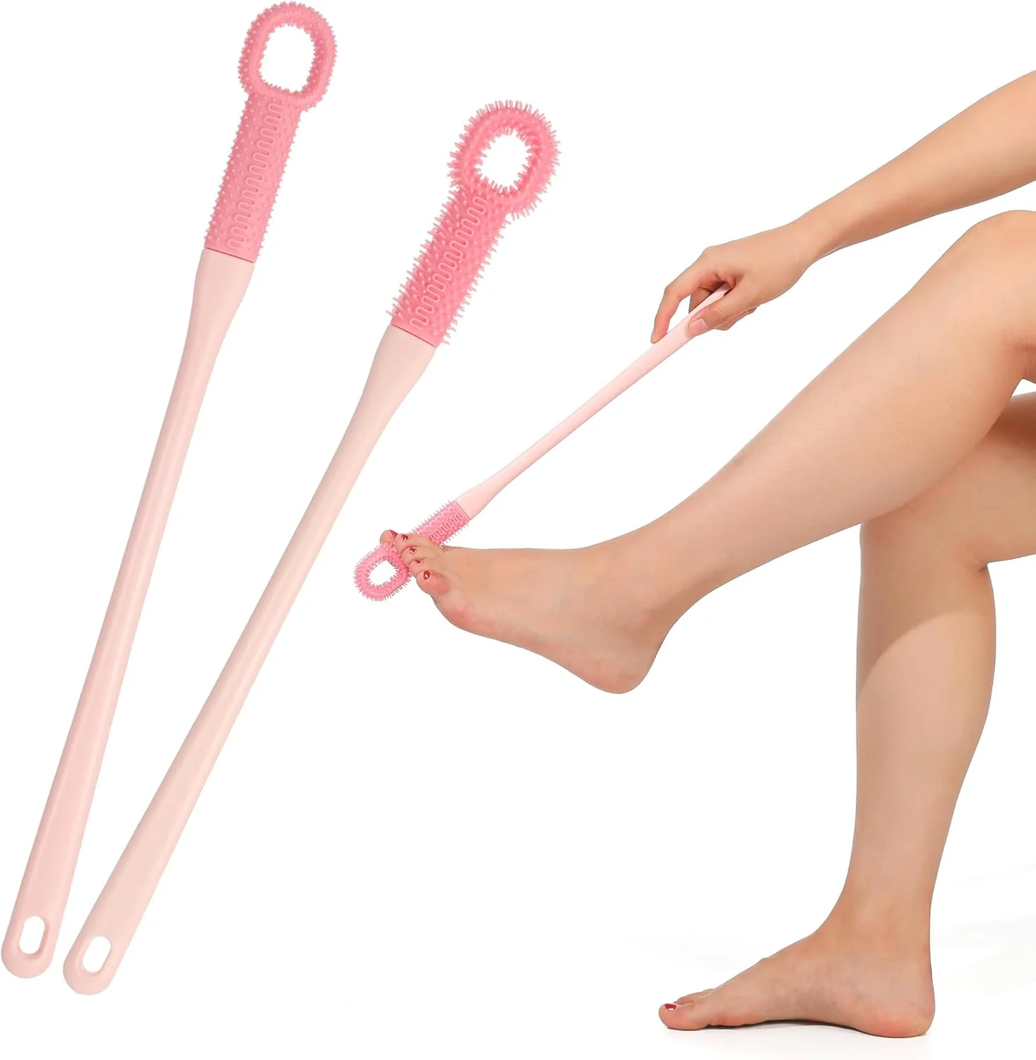 بسته 2 عددی برس شستشوی سیلیکونی پا، برس شستشوی انگشتان پا برای دوش، برس پا با سر برس در دو سایز، تمیز کننده انگشتان پا با دسته بلند، برس دوش پا برای سالمندان (صورتی 2.0)