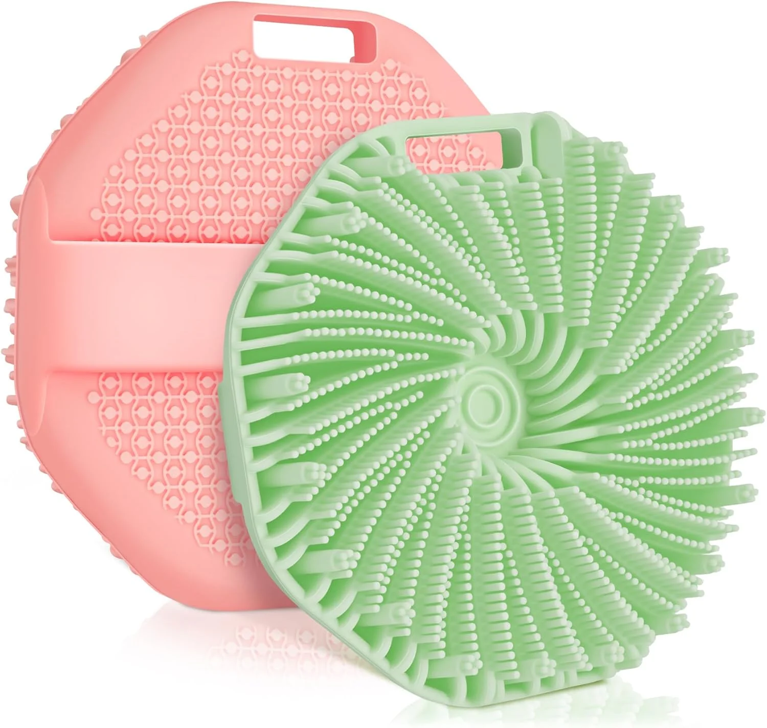 بسته 2 عددی اسکرابر سیلیکونی بدن، اسکرابر حمام، اسکرابر لایه بردار بدن، برس حمام سیلیکونی ملایم با دسته های ضد لغزش برای زنان مردان و نوزادان مناسب برای انواع پوست، صورتی و سبز