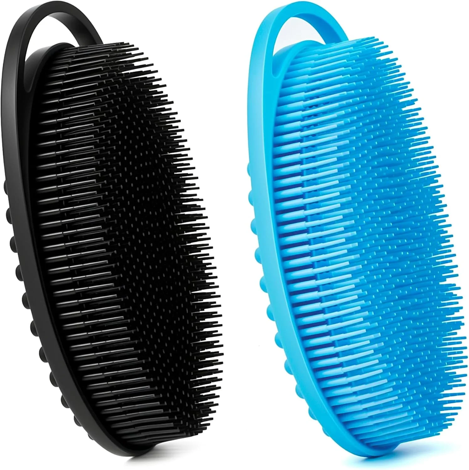 لیف سیلیکونی بدن، 2 عدد لیف حمام سیلیکونی نرم 2 در 1 برس حمام و شامپو، پاک کننده و لایه بردار مناسب برای پوست های حساس، کف کننده خوب (مشکی و آبی)