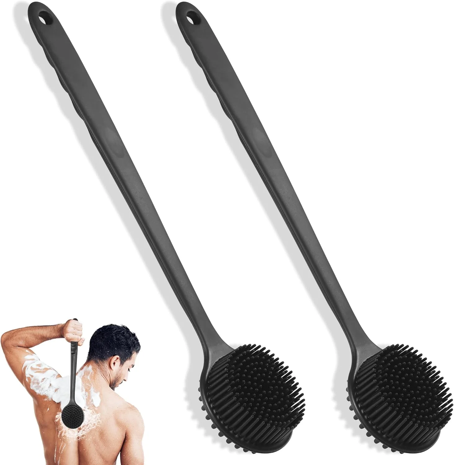 2 عدد برس حمام سیلیکونی پشت، برس پشت 38 سانتی متری با دسته بلند، اسکرابر پشت خشک شونده سریع برای حمام، برس بدن با قطر 8 سانتی متر، برس حمام برای سالمندان، مردان و زنان لایه بردار