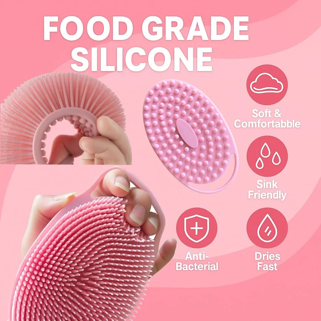 اسکرابر بدن سیلیکونی 2 در 1 با دسته بلند، برس لایه بردار نرم برای زنان و مردان، جایگزین لیف ملایم برای مراقبت روزانه از بدن، برس حمام برای تمیز کردن پوست حساس (صورتی)