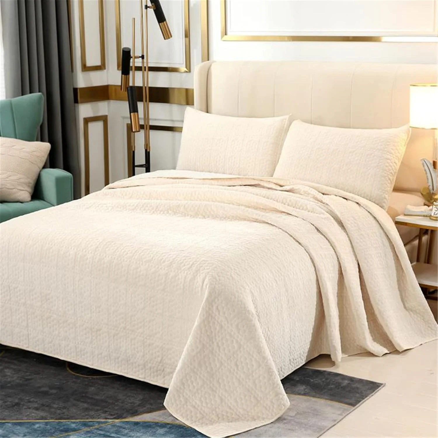 روتختی لحافی ZDmalt طرح دار 243 x 270 سانتی متر، نرم و سبک وزن، روتختی نخی مناسب برای 2 نفر - روتختی لحافی به همراه 2 روبالشتی - روتختی برای زیبایی و گرما، زرد کم رنگ