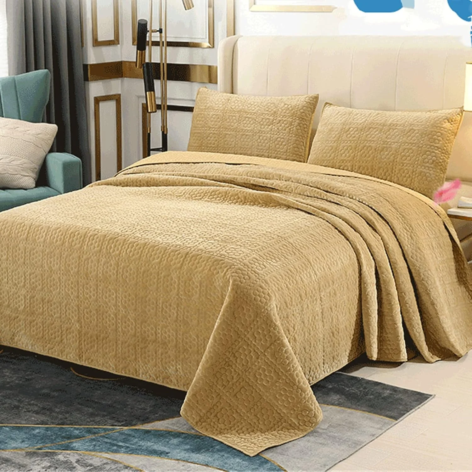 روتختی لحافی ZDmalt طرح دار 243 x 270 سانتی متر، نرم و سبک وزن، روتختی نخی مناسب برای 2 نفر - روتختی لحافی به همراه 2 روبالشتی - روتختی برای زیبایی و گرما، زرد کم رنگ