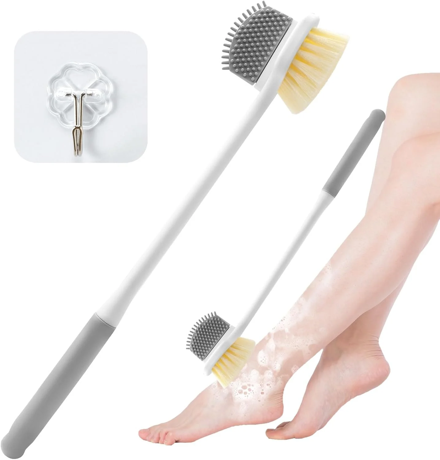 برس شستشوی پا Piuluvor®، برس دوش پا، تمیز کننده انگشتان پا 35 سانتی متری با دسته بلند، برس انگشتان پا با 1 قلاب خود چسب، برس دوش پا برای سالمندان