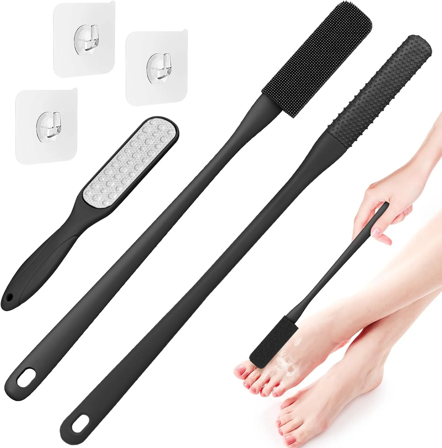 بسته 3 عددی برس تمیز کننده انگشت پا سیلیکونی، برس نرم اسکرابر پا دسته بلند حمام دوش برس مرطوب و خشک مناسب برای سالمندان، افراد مسن، مردان و زنان (مشکی)
