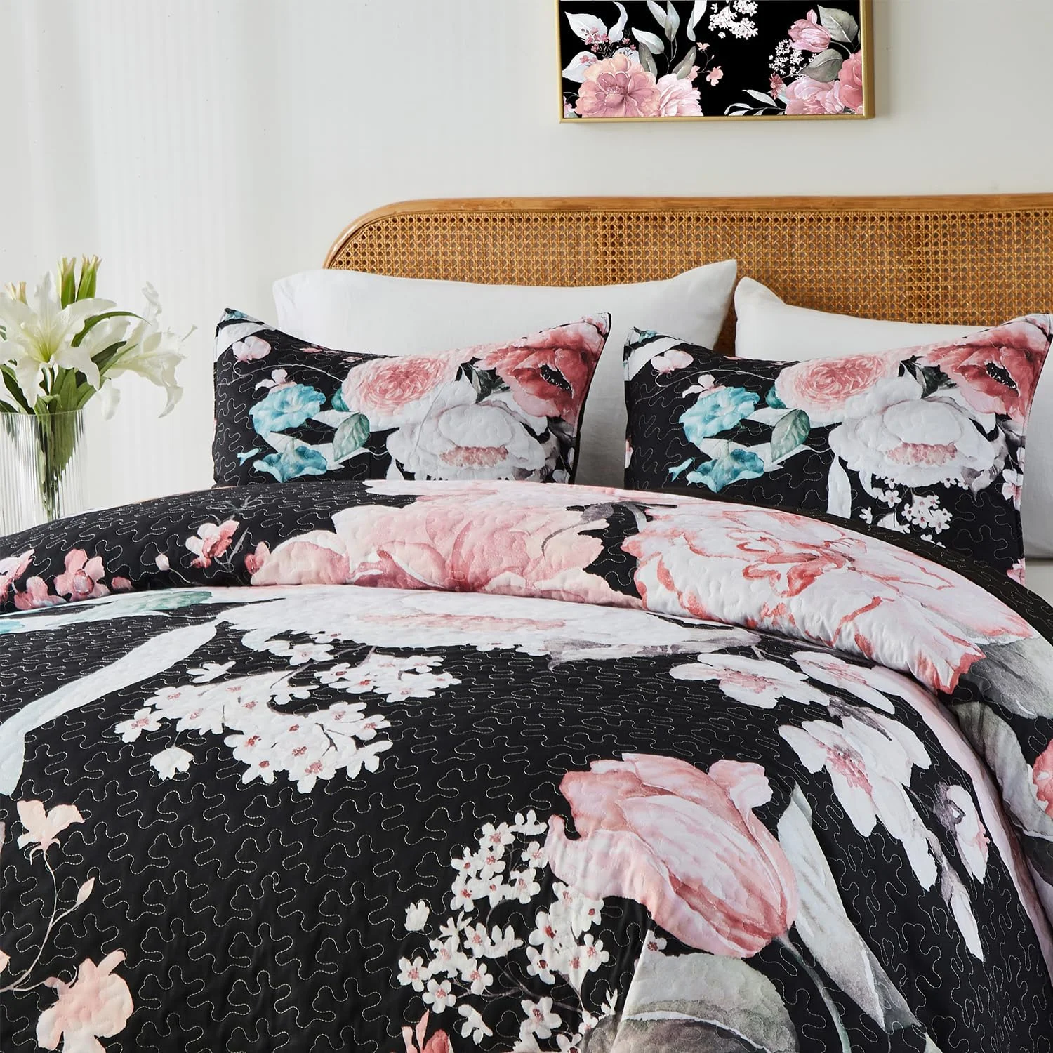 ست لحاف سایز کامل/کوئین یوگنگ، طرح گلدار صورتی، ست روتختی مشکی، ست 3 تکه روتختی سبک و نرم تابستانی با 2 روبالشی برای تمام فصول (گلدار صورتی، 228x243 سانتی متر)