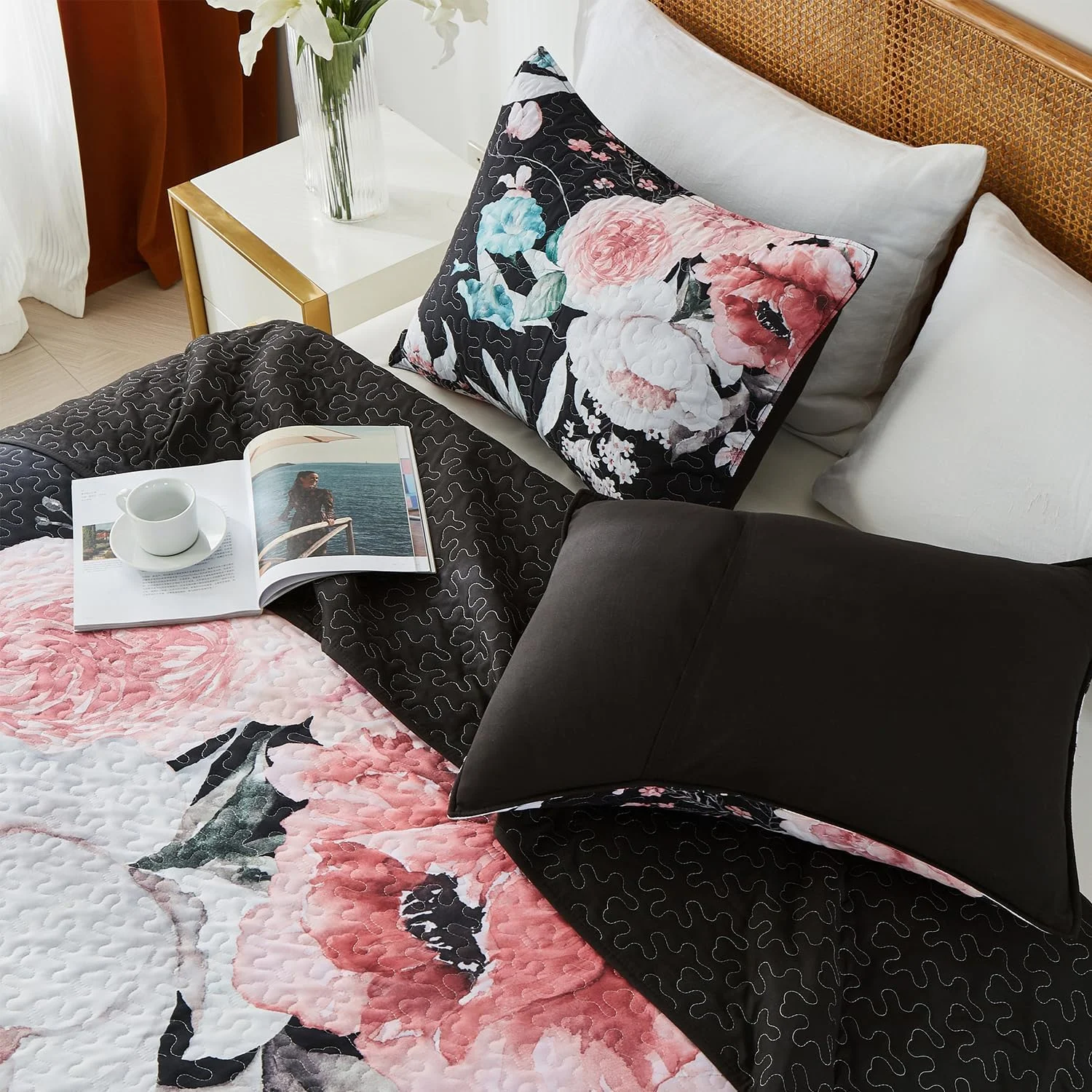 ست لحاف سایز کامل/کوئین یوگنگ، طرح گلدار صورتی، ست روتختی مشکی، ست 3 تکه روتختی سبک و نرم تابستانی با 2 روبالشی برای تمام فصول (گلدار صورتی، 228x243 سانتی متر)