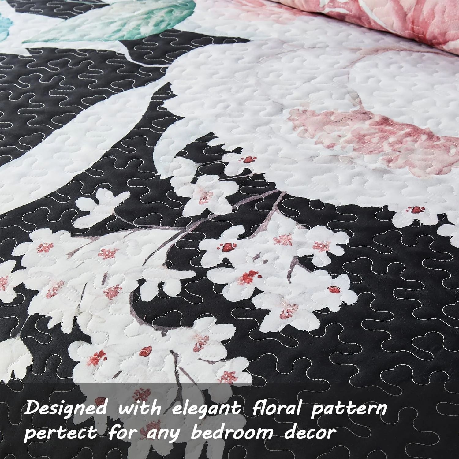 ست لحاف سایز کامل/کوئین یوگنگ، طرح گلدار صورتی، ست روتختی مشکی، ست 3 تکه روتختی سبک و نرم تابستانی با 2 روبالشی برای تمام فصول (گلدار صورتی، 228x243 سانتی متر)