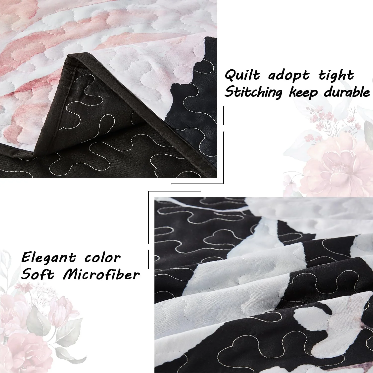 ست لحاف سایز کامل/کوئین یوگنگ، طرح گلدار صورتی، ست روتختی مشکی، ست 3 تکه روتختی سبک و نرم تابستانی با 2 روبالشی برای تمام فصول (گلدار صورتی، 228x243 سانتی متر)