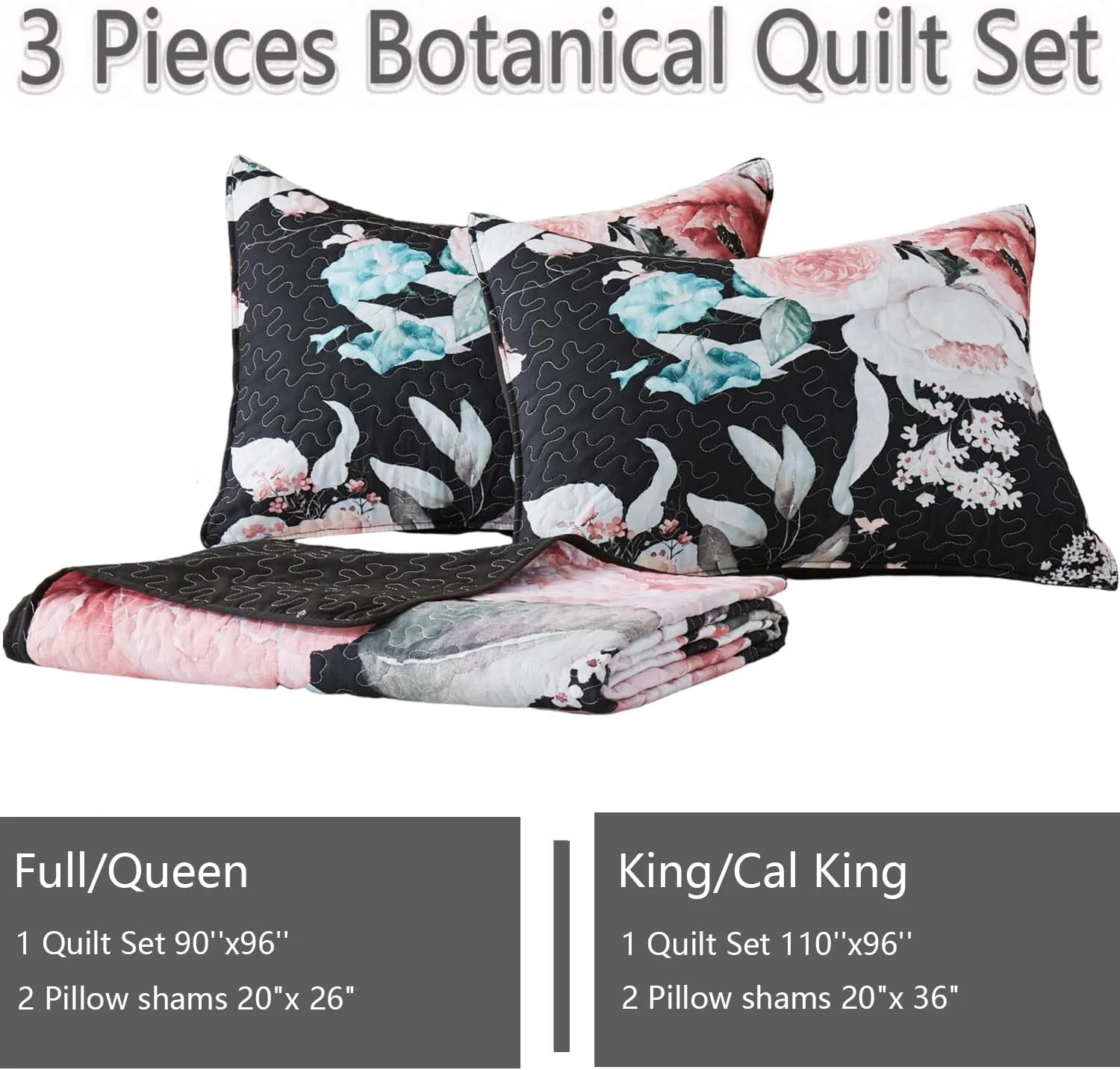 ست لحاف سایز کامل/کوئین یوگنگ، طرح گلدار صورتی، ست روتختی مشکی، ست 3 تکه روتختی سبک و نرم تابستانی با 2 روبالشی برای تمام فصول (گلدار صورتی، 228x243 سانتی متر)