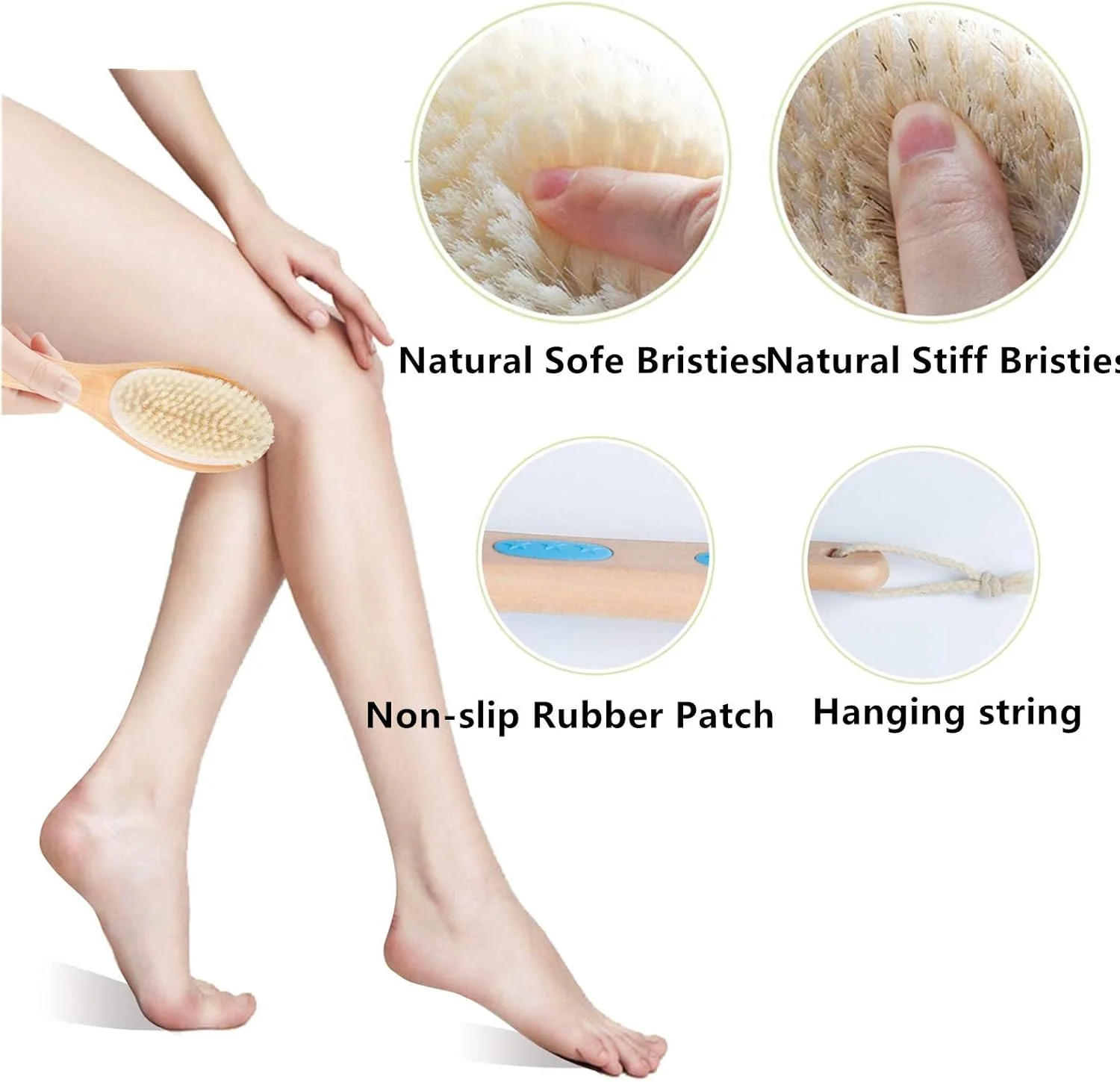 برس بدن دسته بلند U-HOOME، برس لایه بردار دوش، برس پشت دو طرفه با موهای زبر و نرم برای برس زدن خشک و مرطوب برای مردان، زنان و کودکان