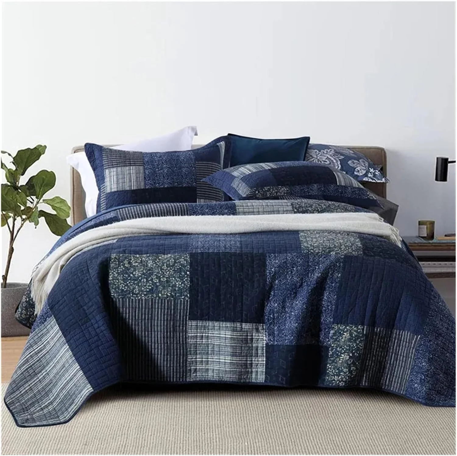 روتختی وینتیج YIZUFU، ست 3 تکه آبی با روبالشتی، پتوی تکه دوزی، سایز کوئین، کینگ، سرویس خواب