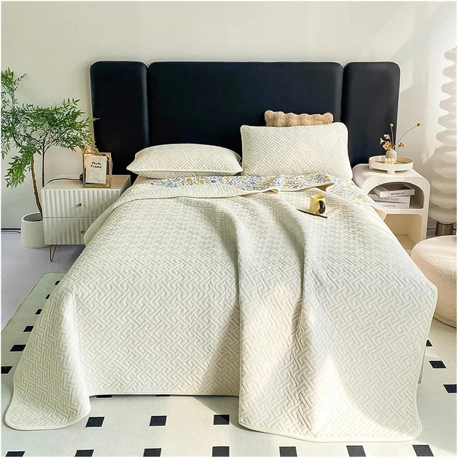 رو تختی نخی YIZUFU، روکش تخت دو طرفه طرح چهارخانه، ملحفه روتختی سازگار با ملحفه های تخت دو نفره، روکش مخملی تشک، روتختی، سرویس خواب