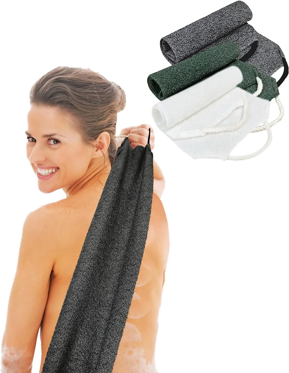 لیف پشت شور برای دوش، لیف حوله ای بلند، پارچه شستشوی لایه بردار بدن (خاکستری و سفید و سبز، 2 عدد)