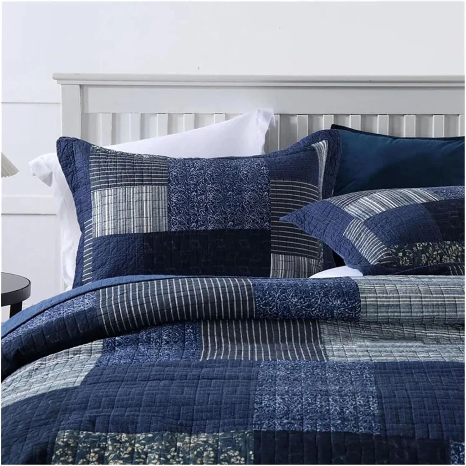 روتختی وینتیج YIZUFU، ست 3 تکه آبی با روبالشتی، پتوی تکه دوزی، سایز کوئین، کینگ، سرویس خواب