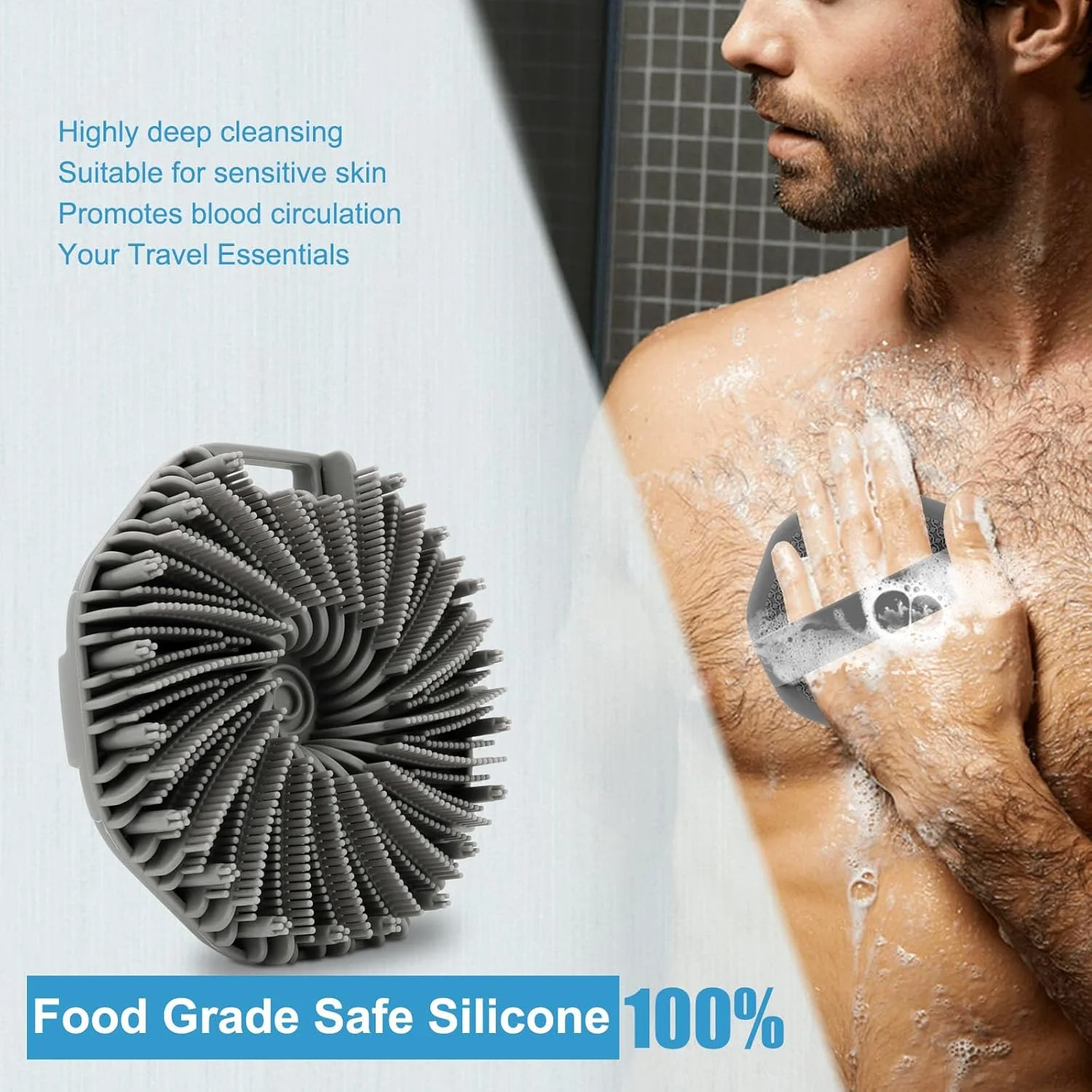 برس سیلیکونی بدن WETANG، برس لایه بردار بدن مناسب برای استفاده در حمام، برس سیلیکونی بدن برای شستشو و دسته های ضد لغزش مناسب برای انواع پوست (خاکستری)