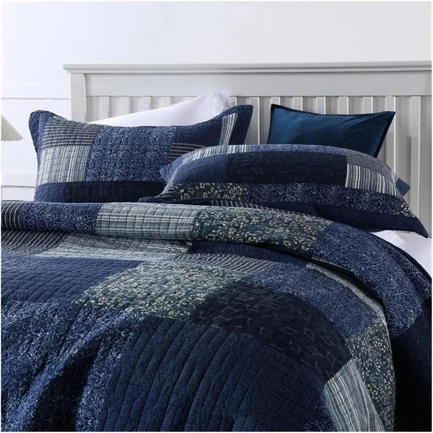 روتختی وینتیج YIZUFU، ست 3 تکه آبی با روبالشتی، پتوی تکه دوزی، سایز کوئین، کینگ، سرویس خواب