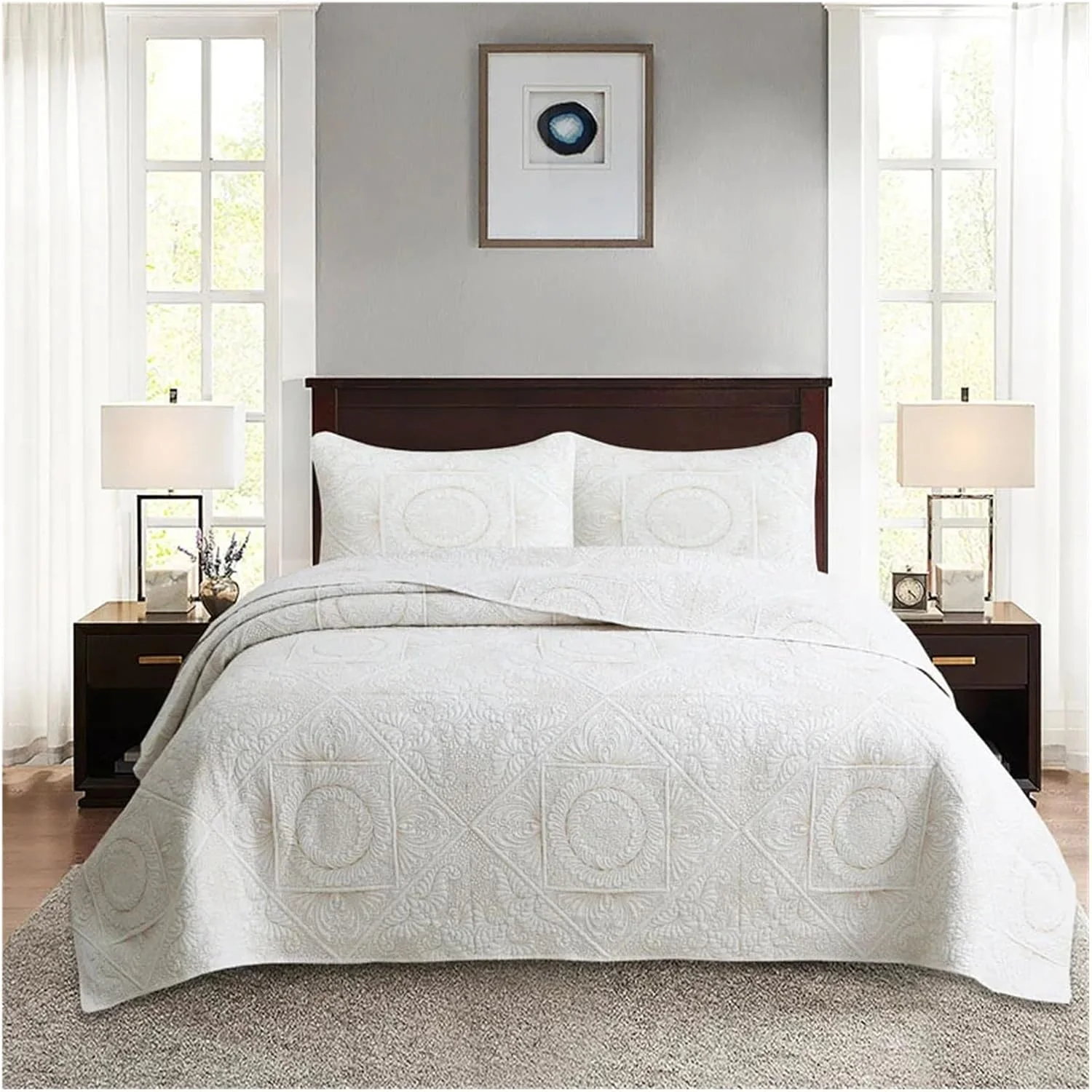 ست روتختی ییزوفو، سایز کینگ، 3 تکه به همراه روبالشی، جنس پنبه، مناسب برای تخت های کوئین و کینگ، رنگ سفید، سرویس خواب