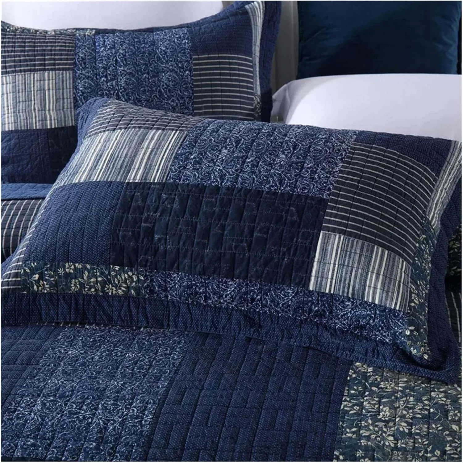 روتختی وینتیج YIZUFU، ست 3 تکه آبی با روبالشتی، پتوی تکه دوزی، سایز کوئین، کینگ، سرویس خواب