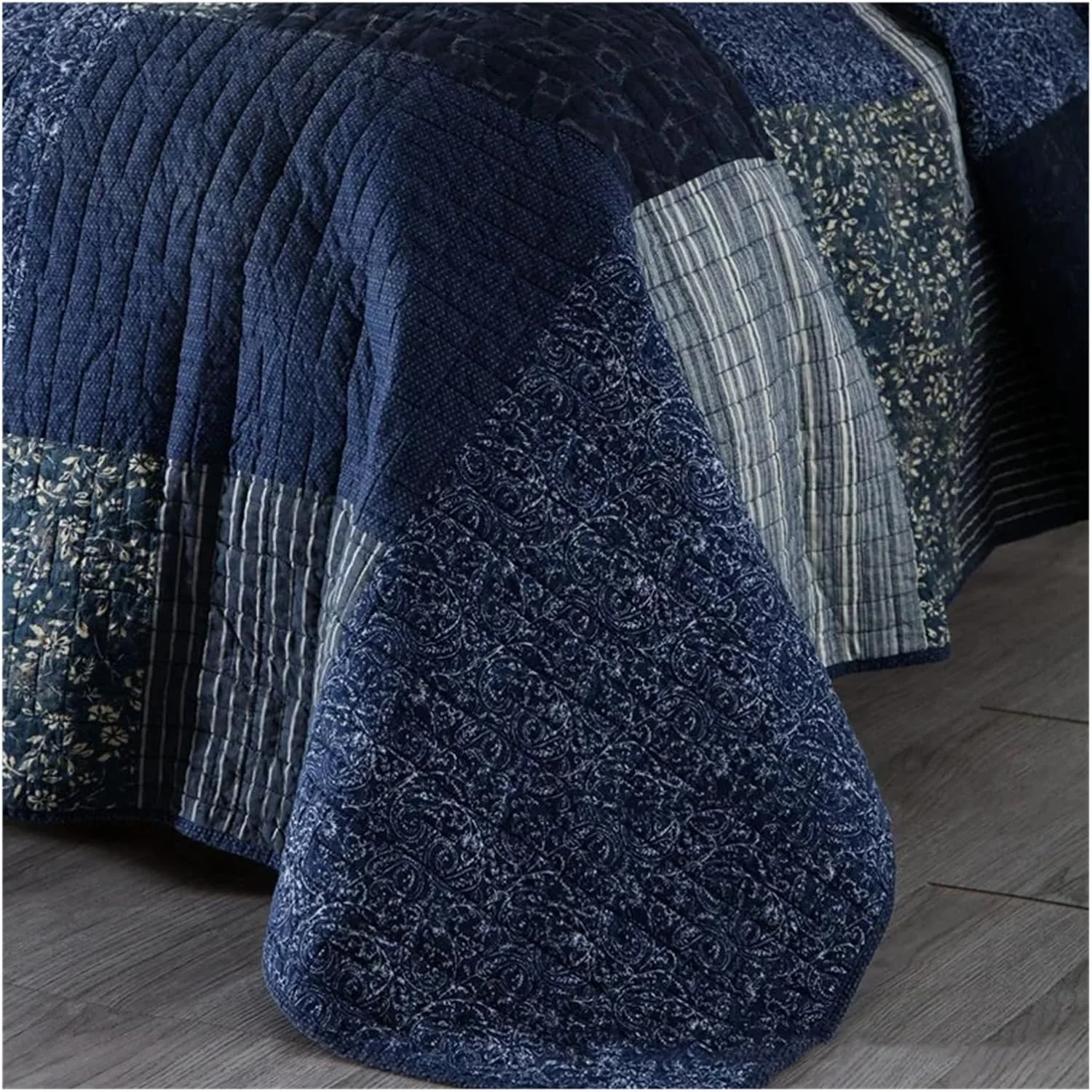 روتختی وینتیج YIZUFU، ست 3 تکه آبی با روبالشتی، پتوی تکه دوزی، سایز کوئین، کینگ، سرویس خواب