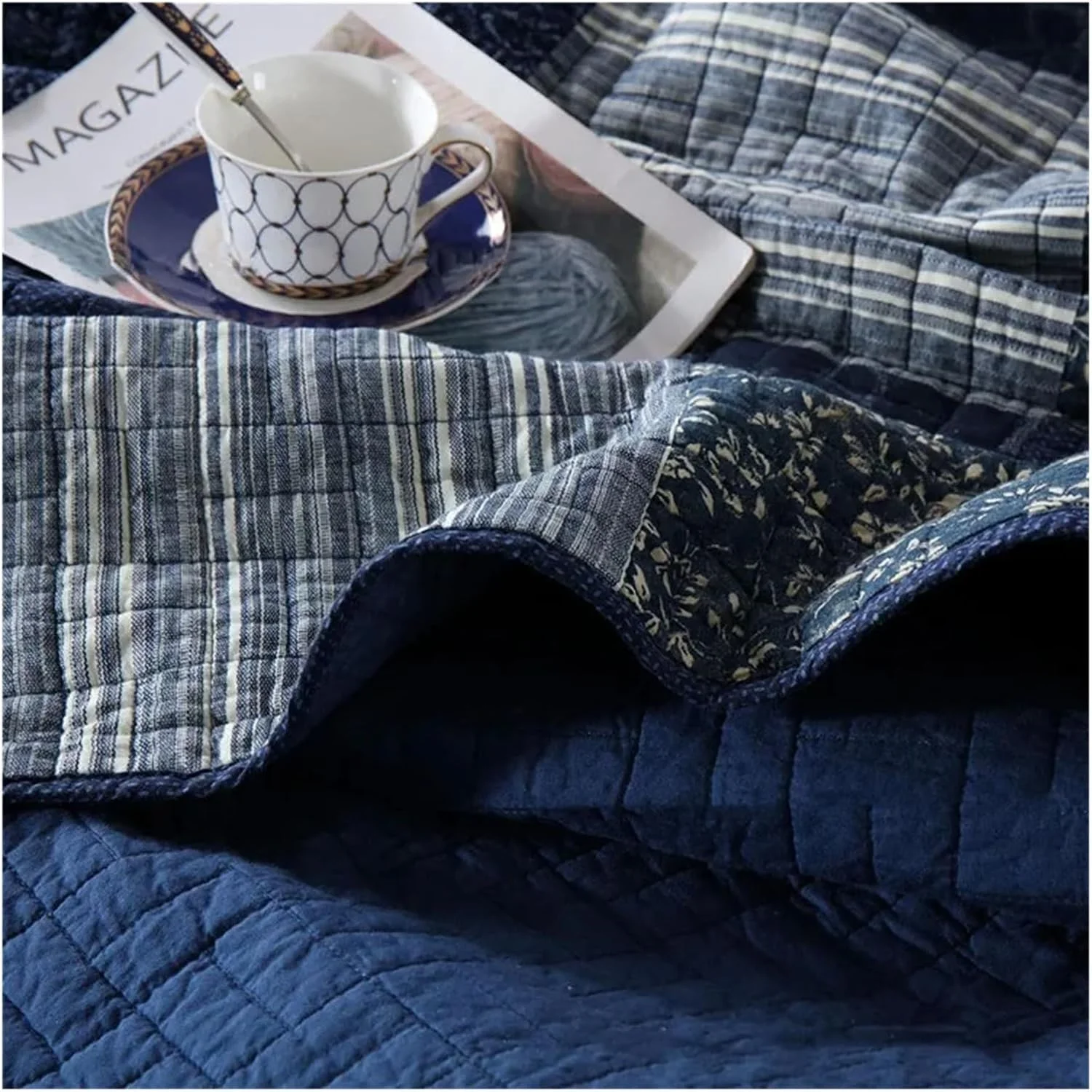 روتختی وینتیج YIZUFU، ست 3 تکه آبی با روبالشتی، پتوی تکه دوزی، سایز کوئین، کینگ، سرویس خواب