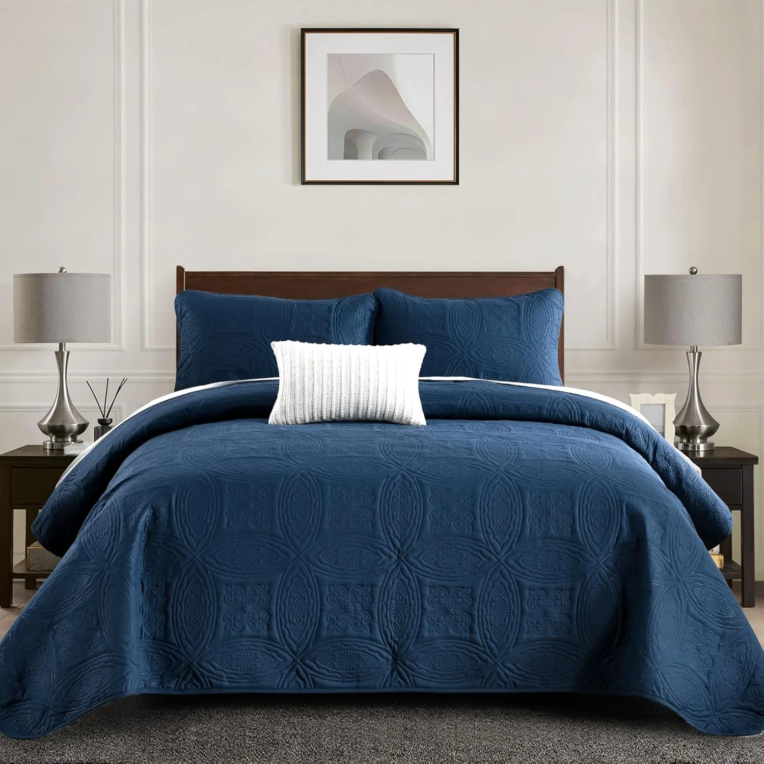 روتختی کالیفرنیا کینگ Yiran آبی سرمه ای، ست روتختی لحافی طرح سکه برجسته، ست ملحفه میکروفیبر نرم مناسب فصل تابستان، سبک مدرن 3 تکه شامل 2 روبالشتی (284x264 سانتی متر)