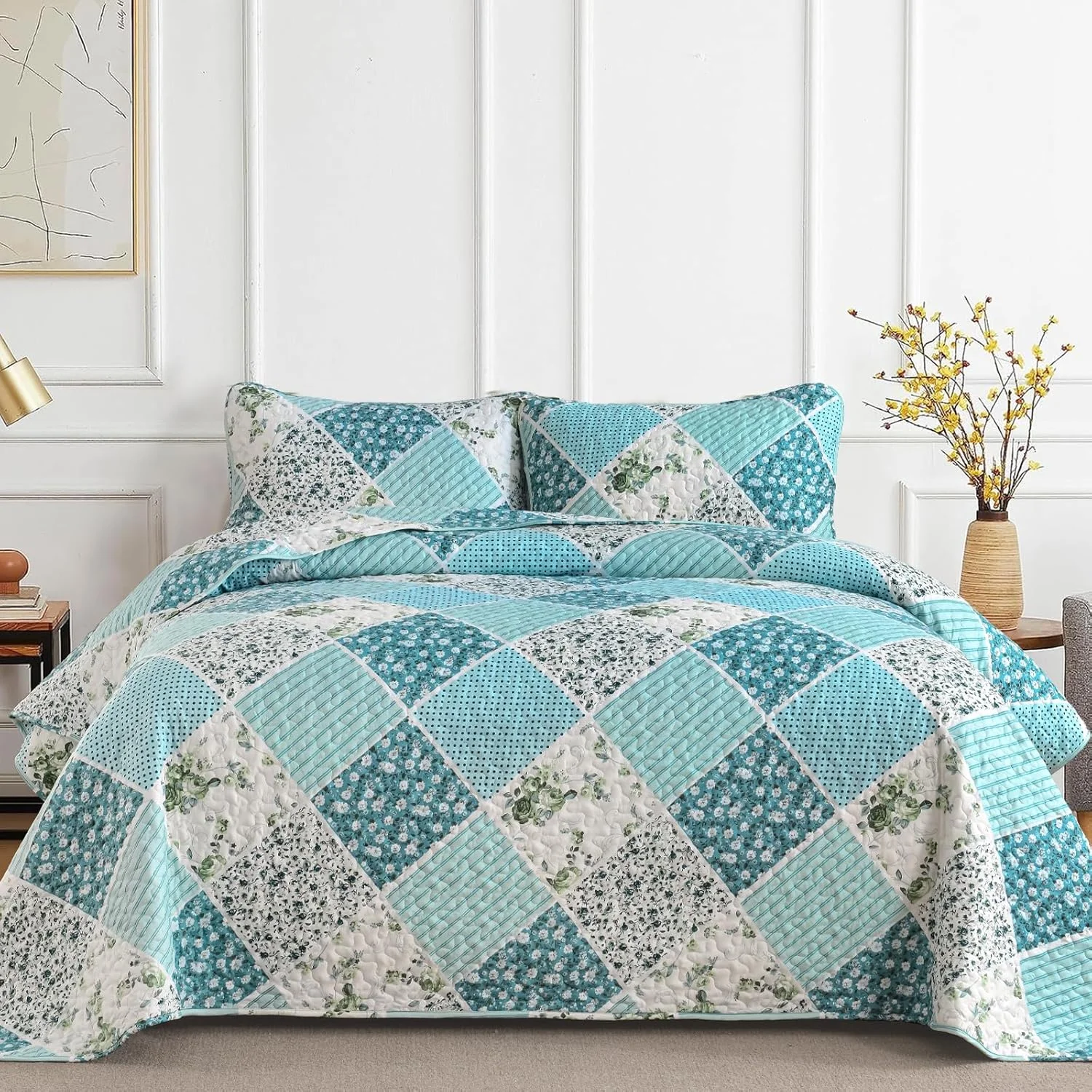 ست لحاف تکه دوزی طرح گلدار و چهارخانه Xruibed سایز کوئین 3 تکه آبی فیروزه ای، ست روتختی لحاف دار دو رو، ست ملحفه میکروفیبر، ست روتختی لحاف دار مناسب تمام فصول (کوئین 244x229 سانتی متر) ست لحاف تکه دوزی طرح گلدار و چهارخانه Xruibed سایز کوئین 3 تکه آبی فیروزه ای، ست روتختی لحاف دار دو رو، ست ملحفه میکروفیبر، ست روتختی لحاف دار مناسب تمام فصول (کوئین 244x229 سانتی متر)