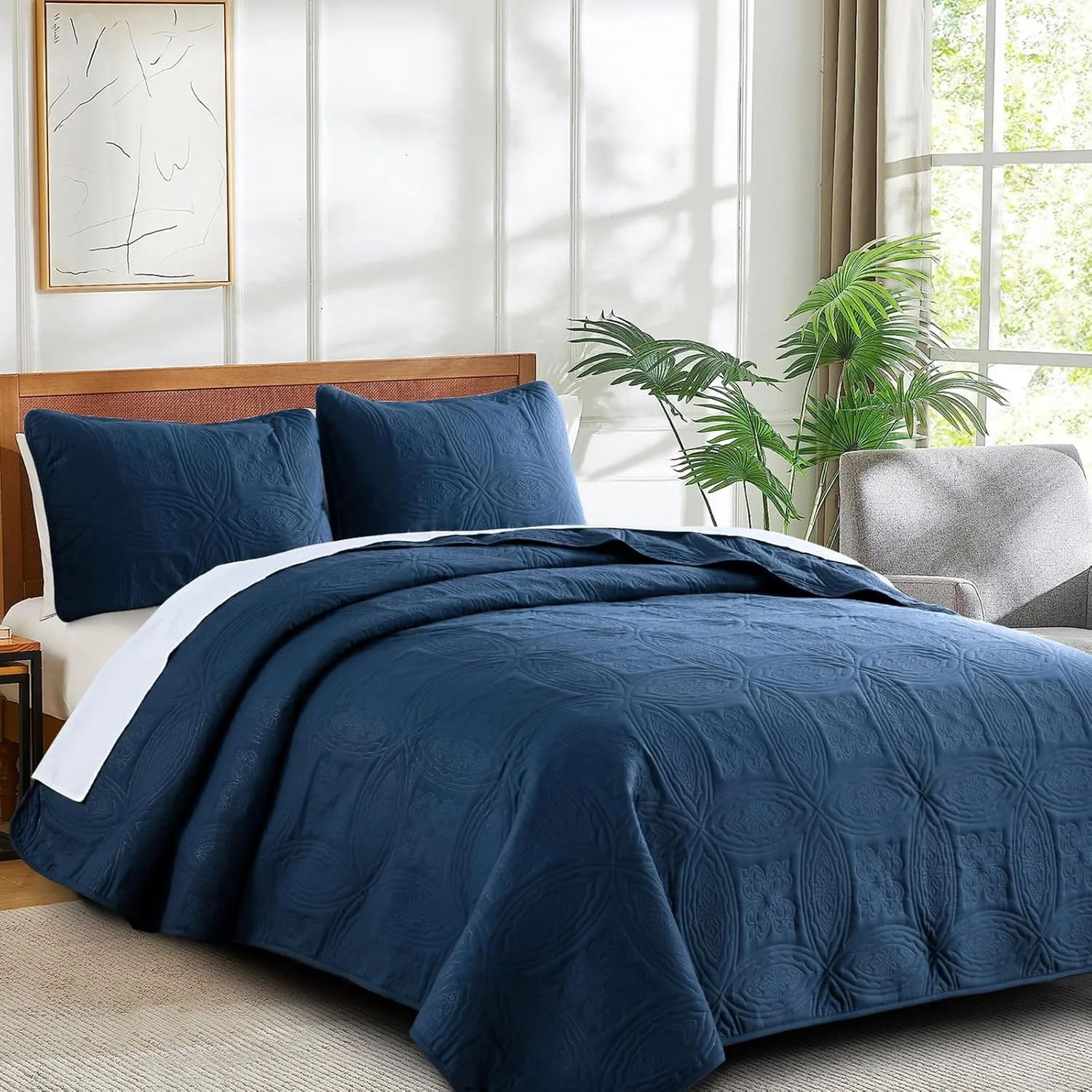 روتختی کالیفرنیا کینگ Yiran آبی سرمه ای، ست روتختی لحافی طرح سکه برجسته، ست ملحفه میکروفیبر نرم مناسب فصل تابستان، سبک مدرن 3 تکه شامل 2 روبالشتی (284x264 سانتی متر)