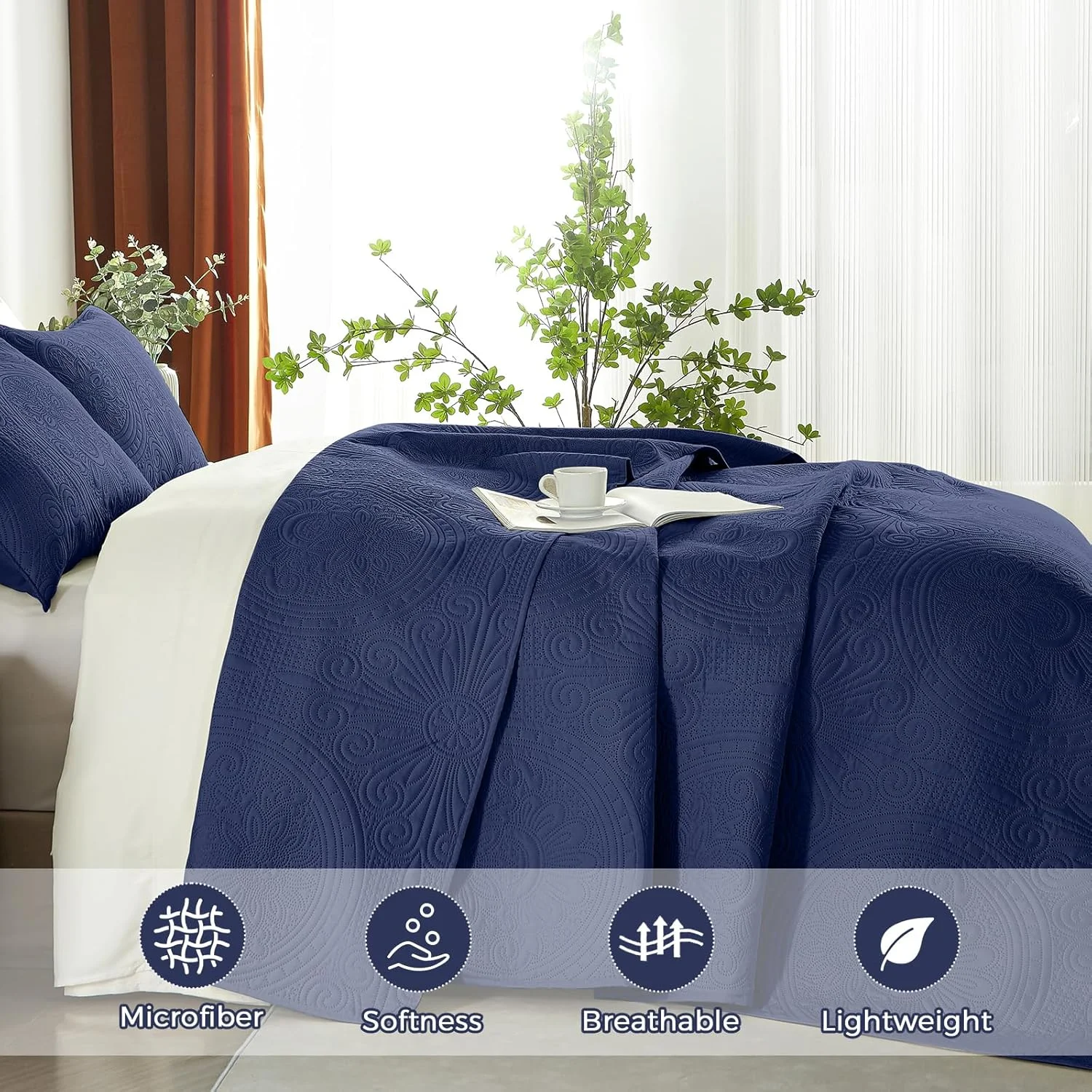 ست لحاف دونفره/کویین WURUIBO آبی سرمه ای، روتختی برجسته التراسونیک، رو تختی میکروفایبر سبک وزن، ست روتختی مدرن و نازک برای تمام فصول، 3 تکه (1 لحاف، 2 روبالشتی)