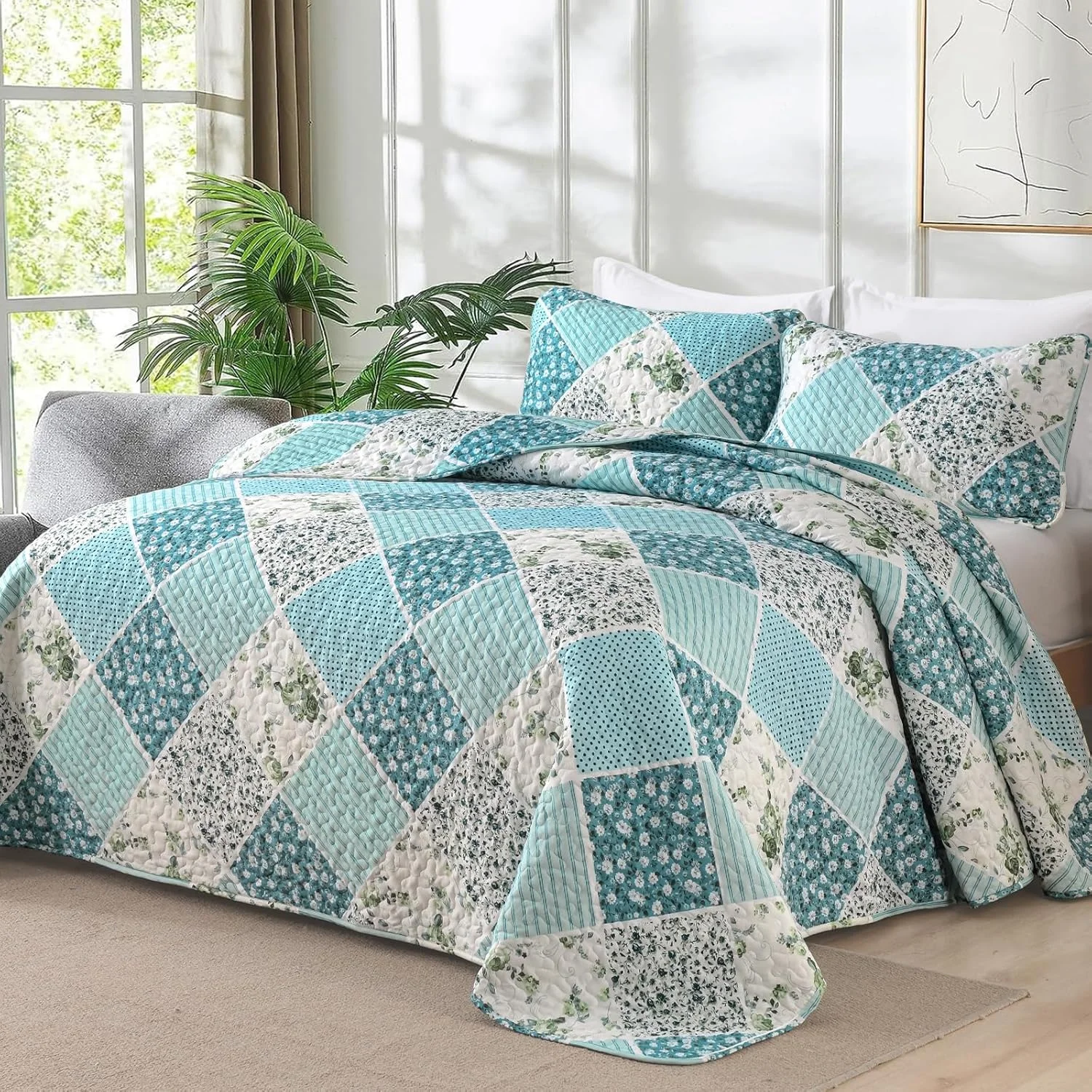 ست لحاف تکه دوزی طرح گلدار و چهارخانه Xruibed سایز کوئین 3 تکه آبی فیروزه ای، ست روتختی لحاف دار دو رو، ست ملحفه میکروفیبر، ست روتختی لحاف دار مناسب تمام فصول (کوئین 244x229 سانتی متر) ست لحاف تکه دوزی طرح گلدار و چهارخانه Xruibed سایز کوئین 3 تکه آبی فیروزه ای، ست روتختی لحاف دار دو رو، ست ملحفه میکروفیبر، ست روتختی لحاف دار مناسب تمام فصول (کوئین 244x229 سانتی متر)
